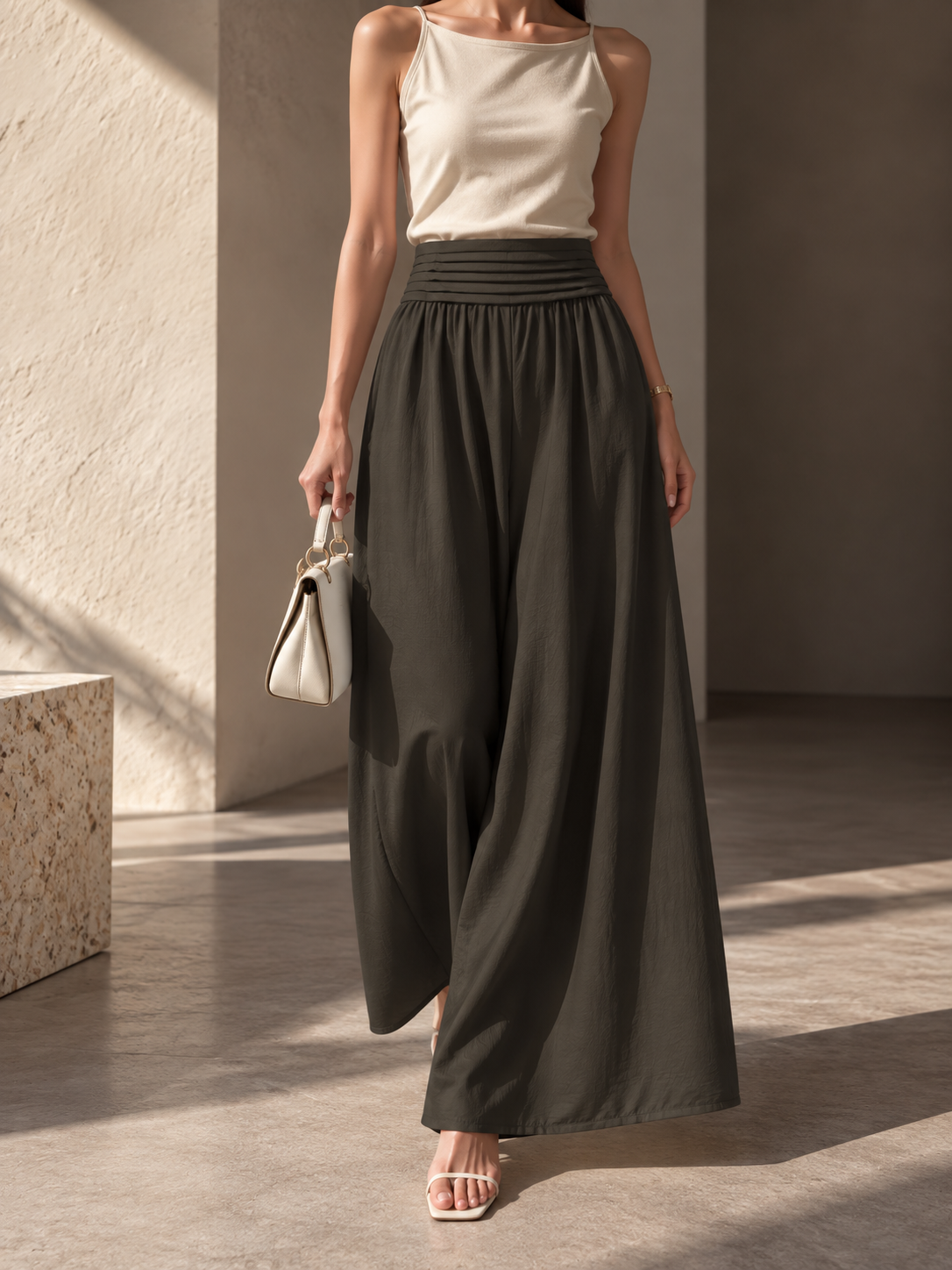 5068 Pierra Horizontal Pleats Waistband Linen Palazzo (M Size: UW 33-40cm; H 46-56cm; L 102cm, L Size: UW 35-42cm; H 48-58cm; L 102cm, XL Size: UW 37-44cm; H 50-60cm; L 102cm)