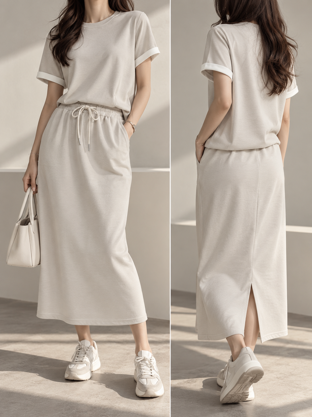 8655 Corabelle Cotton Folded Sleeve Top & Elastic Drawstring Waist Skirt Set (Top: B 50-54cm; UW 40-46cm; L 50cm, Bottom: UW 34-46cm; H 48-58cm; L 80cm)