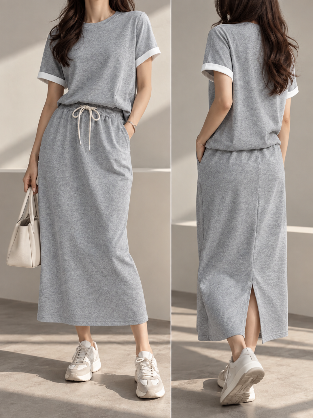 8655 Corabelle Cotton Folded Sleeve Top & Elastic Drawstring Waist Skirt Set (Top: B 50-54cm; UW 40-46cm; L 50cm, Bottom: UW 34-46cm; H 48-58cm; L 80cm)