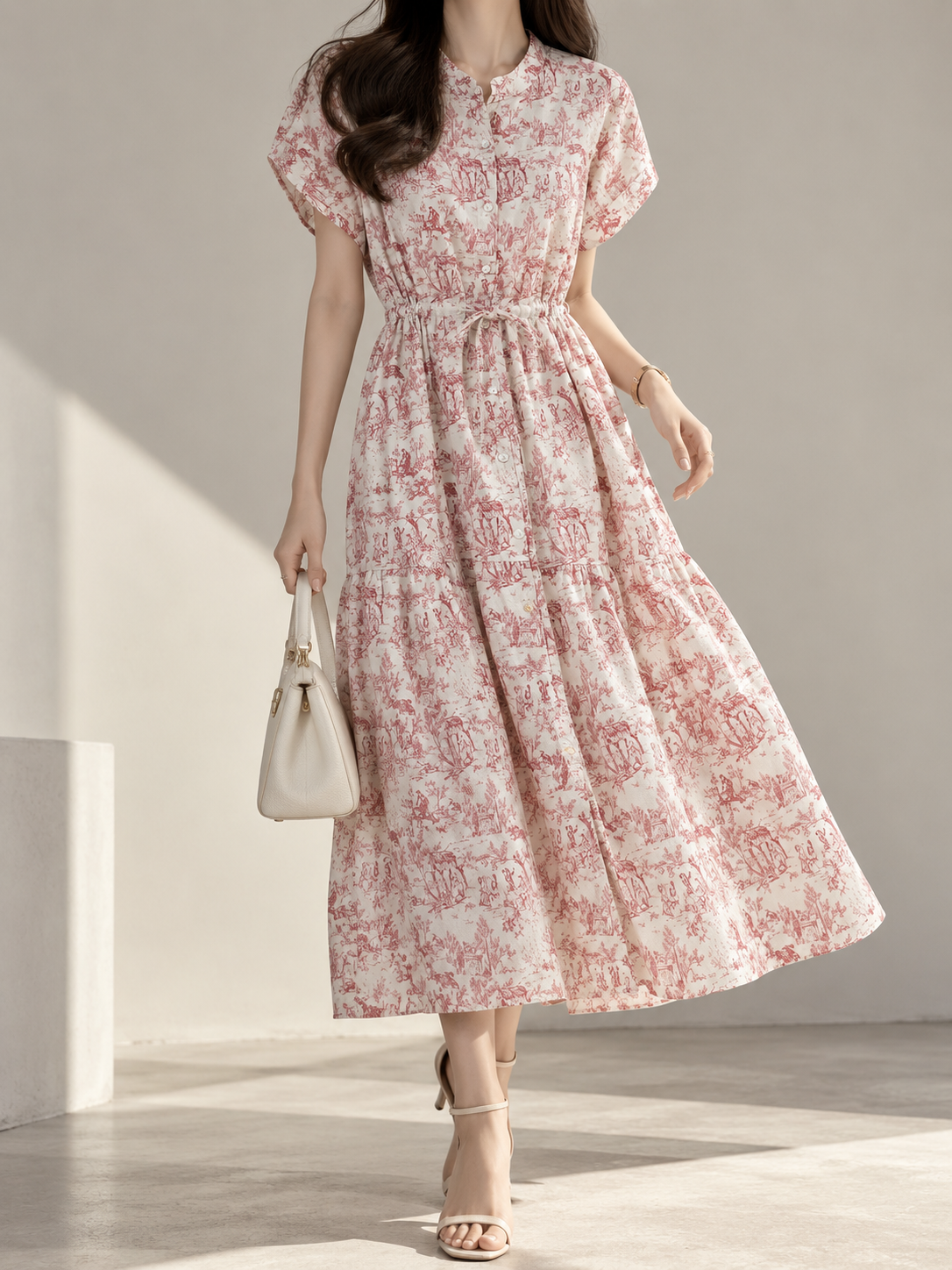 296 Dorinda French Print Button-Down Drawstring Waist Dress (B 54cm; H 62cm; L 120cm)