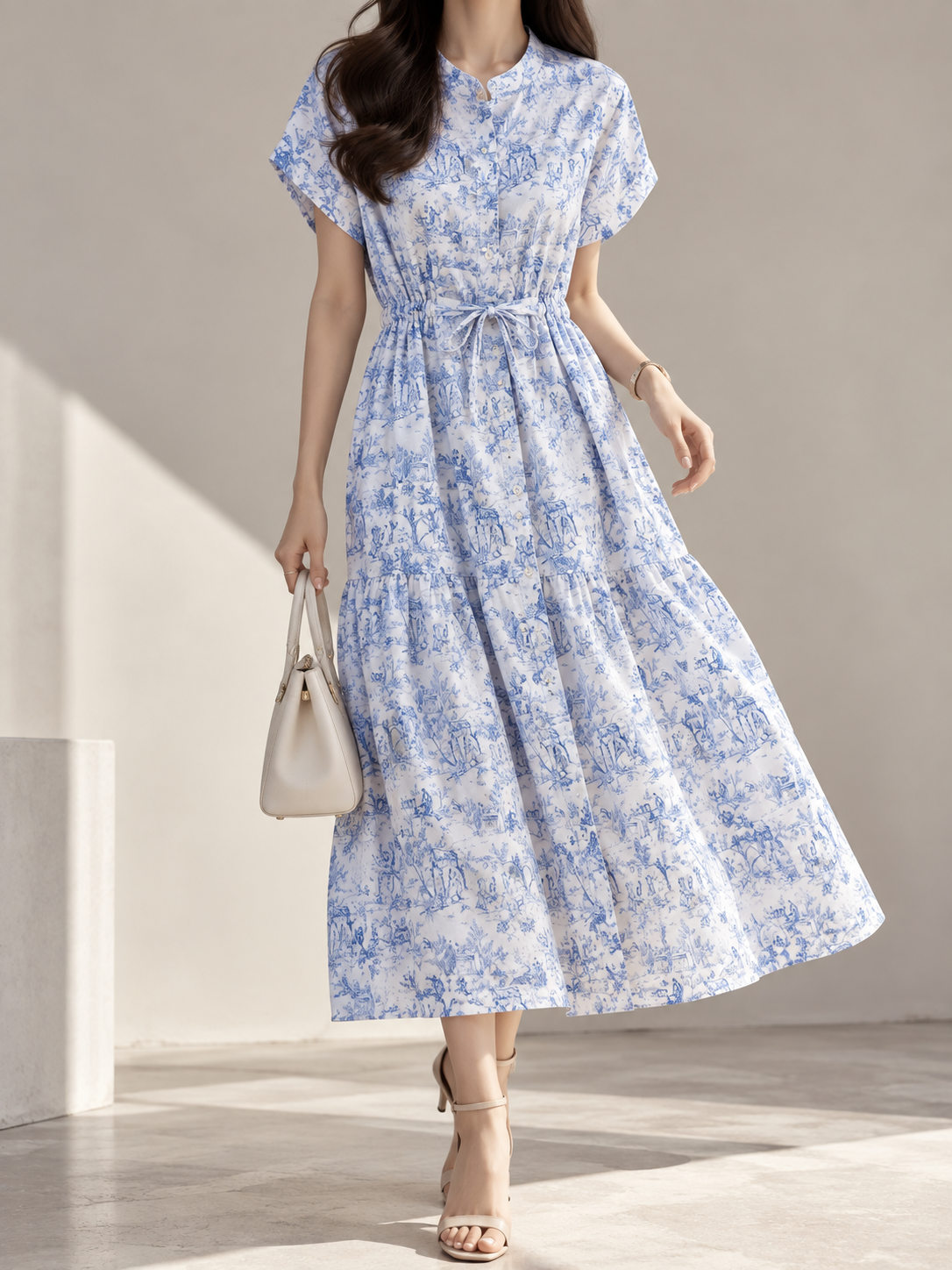 296 Dorinda French Print Button-Down Drawstring Waist Dress (B 54cm; H 62cm; L 120cm)
