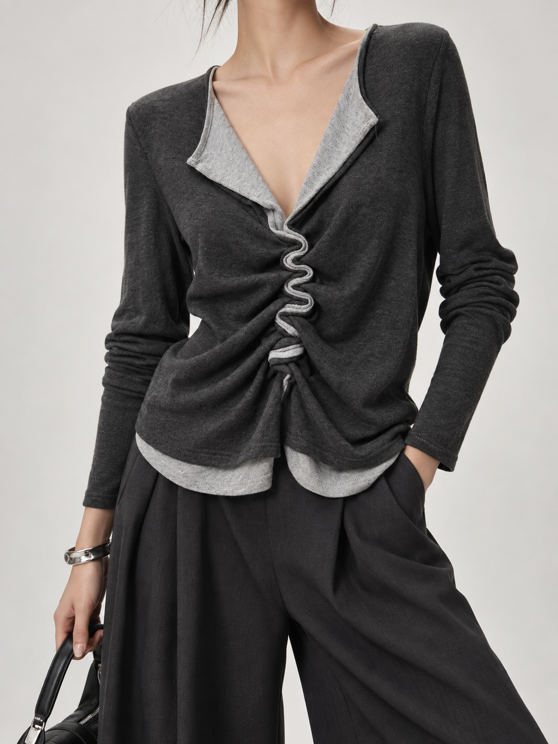 1009 Laney Layered-Look Front Ruched Long Sleeve Cotton Top (B 44-56cm; L 50cm)