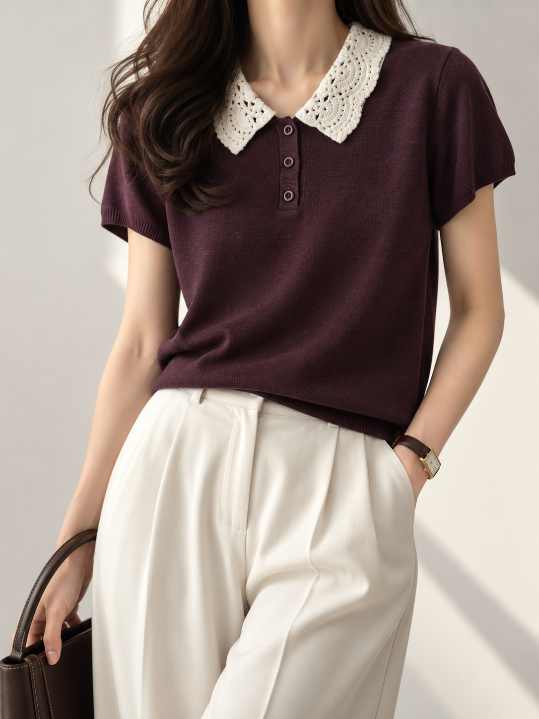 11268 Abernathy Crochet-Collar Knit Top (B 47-55cm; L 55cm)