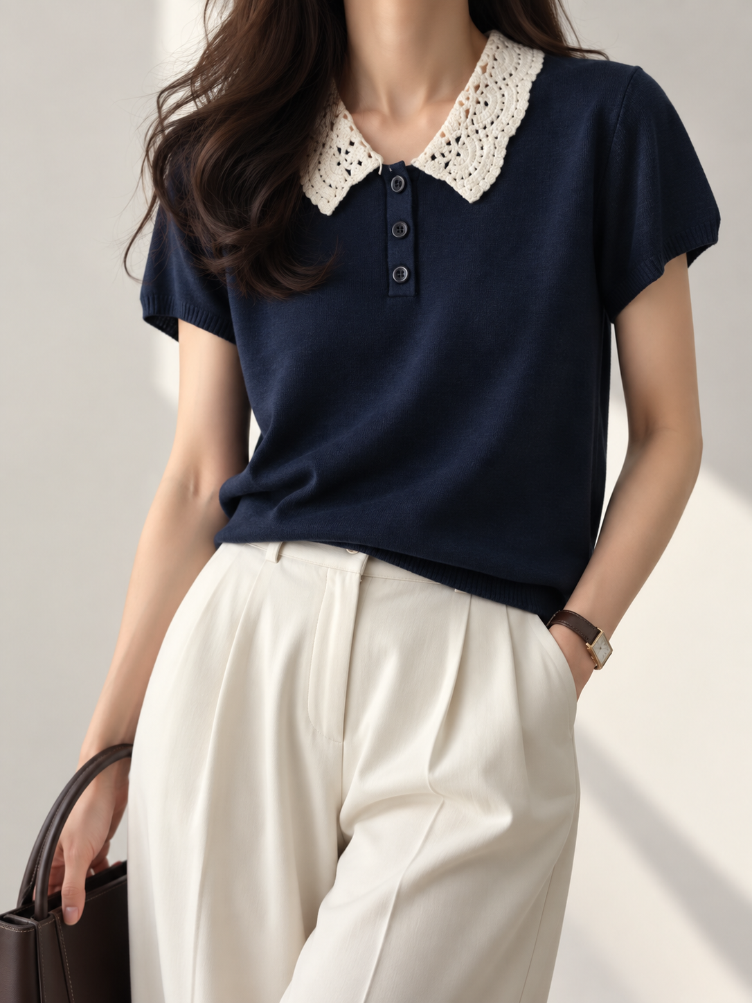 11268 Abernathy Crochet-Collar Knit Top (B 47-55cm; L 55cm)