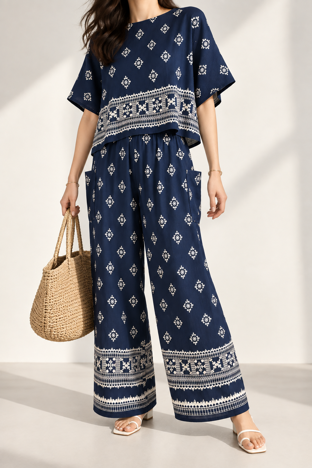 3254 Berlin Linen Boho Print Dolman Sleeve Top & Elastic Waist Palazzo Set (Top: B 70cm; L 50cm, Bottom: UW 30-47cm; H 47-63cm; L 86cm)
