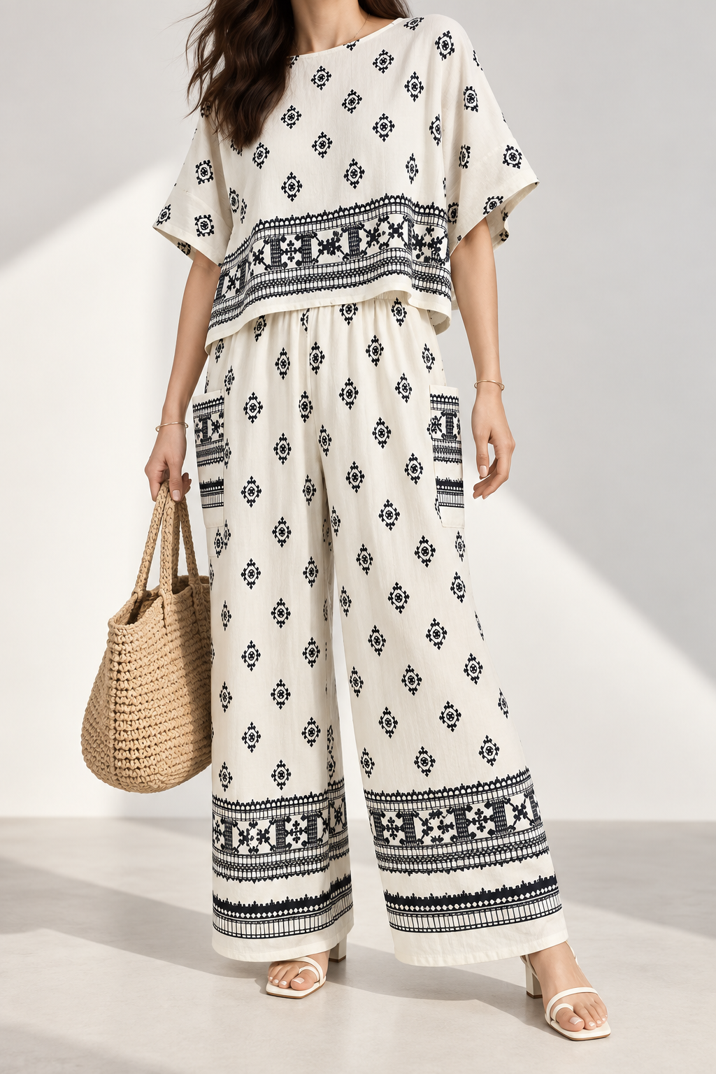 3254 Berlin Linen Boho Print Dolman Sleeve Top & Elastic Waist Palazzo Set (Top: B 70cm; L 50cm, Bottom: UW 30-47cm; H 47-63cm; L 86cm)