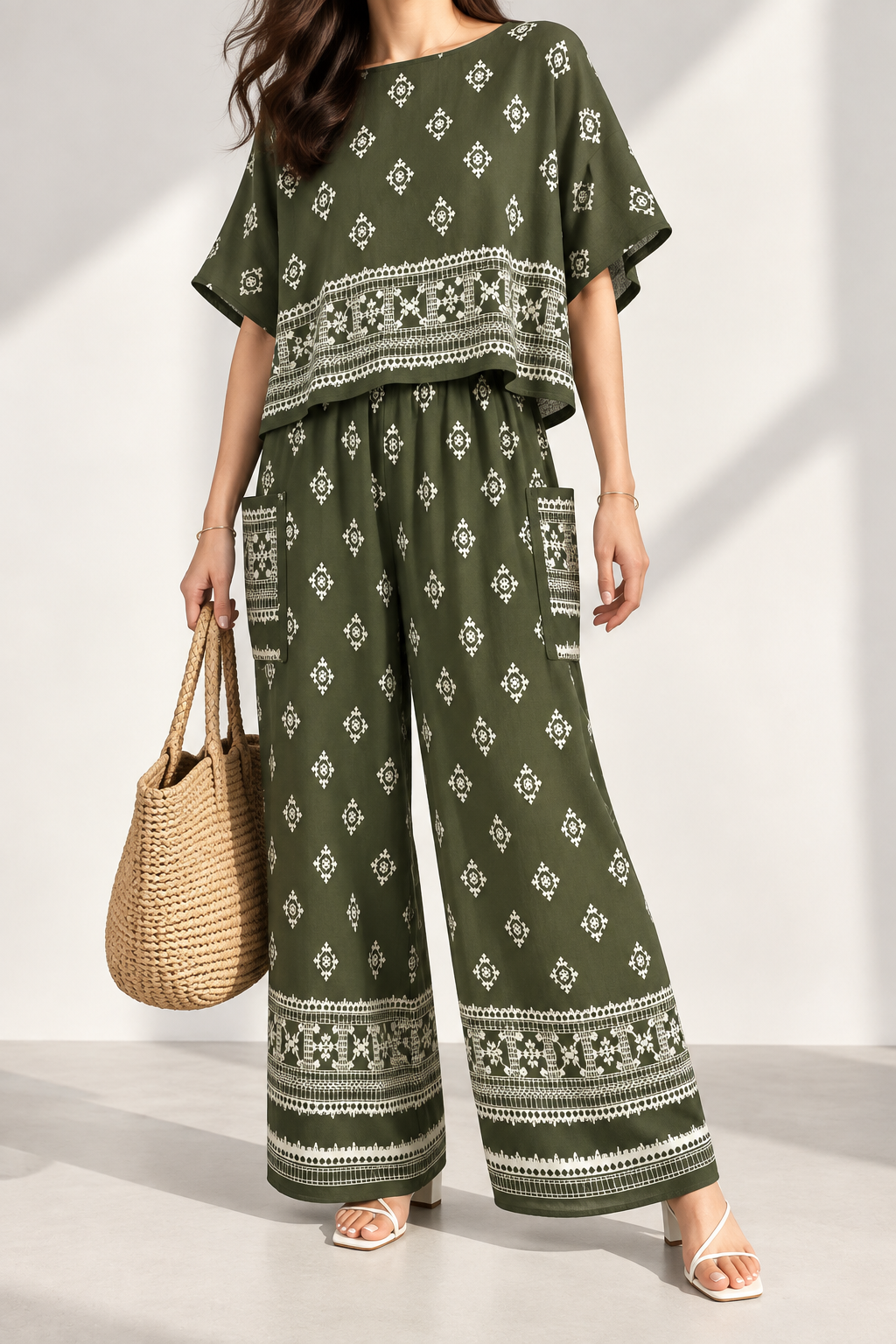 3254 Berlin Linen Boho Print Dolman Sleeve Top & Elastic Waist Palazzo Set (Top: B 70cm; L 50cm, Bottom: UW 30-47cm; H 47-63cm; L 86cm)