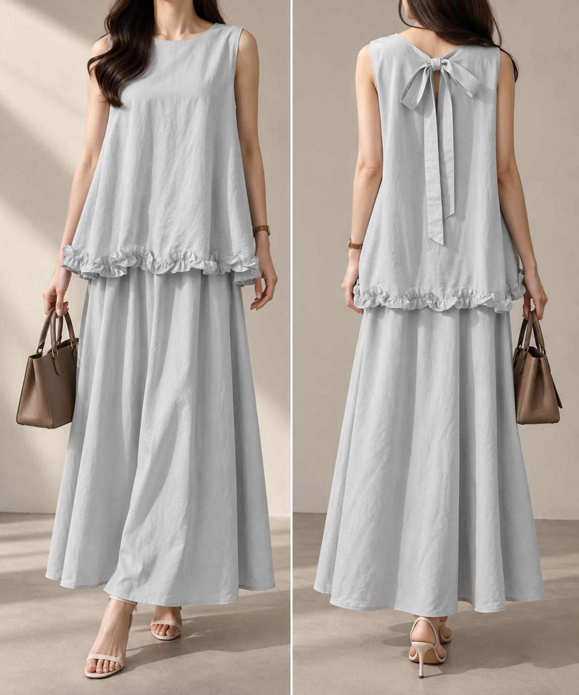 2587 Rionna Ruffled Hem Sleeveless Top & A-Line Skirt Set (Top: B 50cm; L 65cm, Bottom: UW 35-46cm; H 55-60cm; L 85cm)