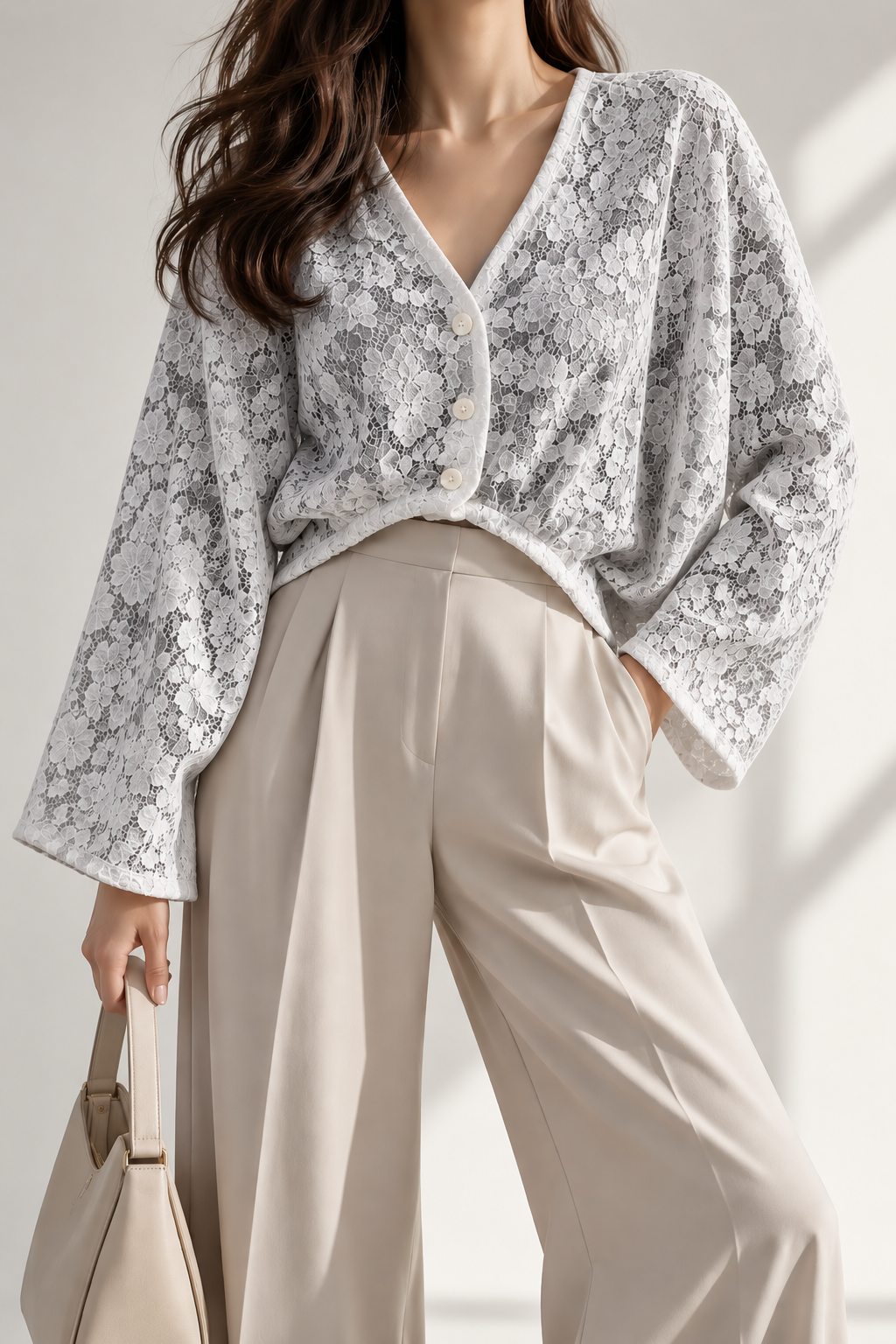 GZ 6197 V-Neck Lace Panel Cropped Cardigan (FS)