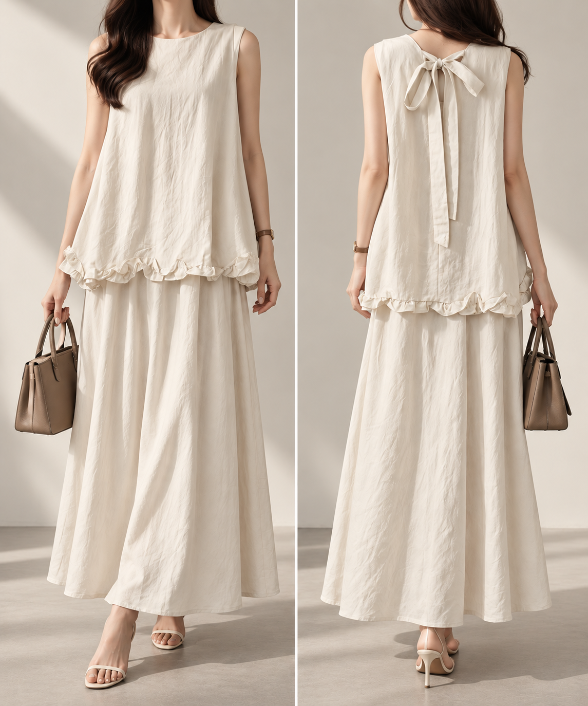 2587 Rionna Ruffled Hem Sleeveless Top & A-Line Skirt Set (Top: B 50cm; L 65cm, Bottom: UW 35-46cm; H 55-60cm; L 85cm)