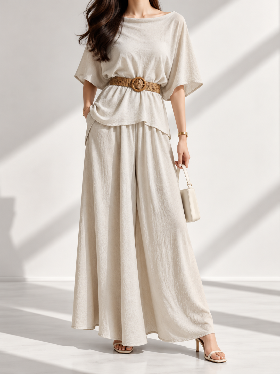 1066 Linen Boat Neck Top & Elastic Waist Palazzo Set (Top: B 50-53cm; L 51cm, Bottom: UW 34-43cm; H 57-60cm; L 97cm)