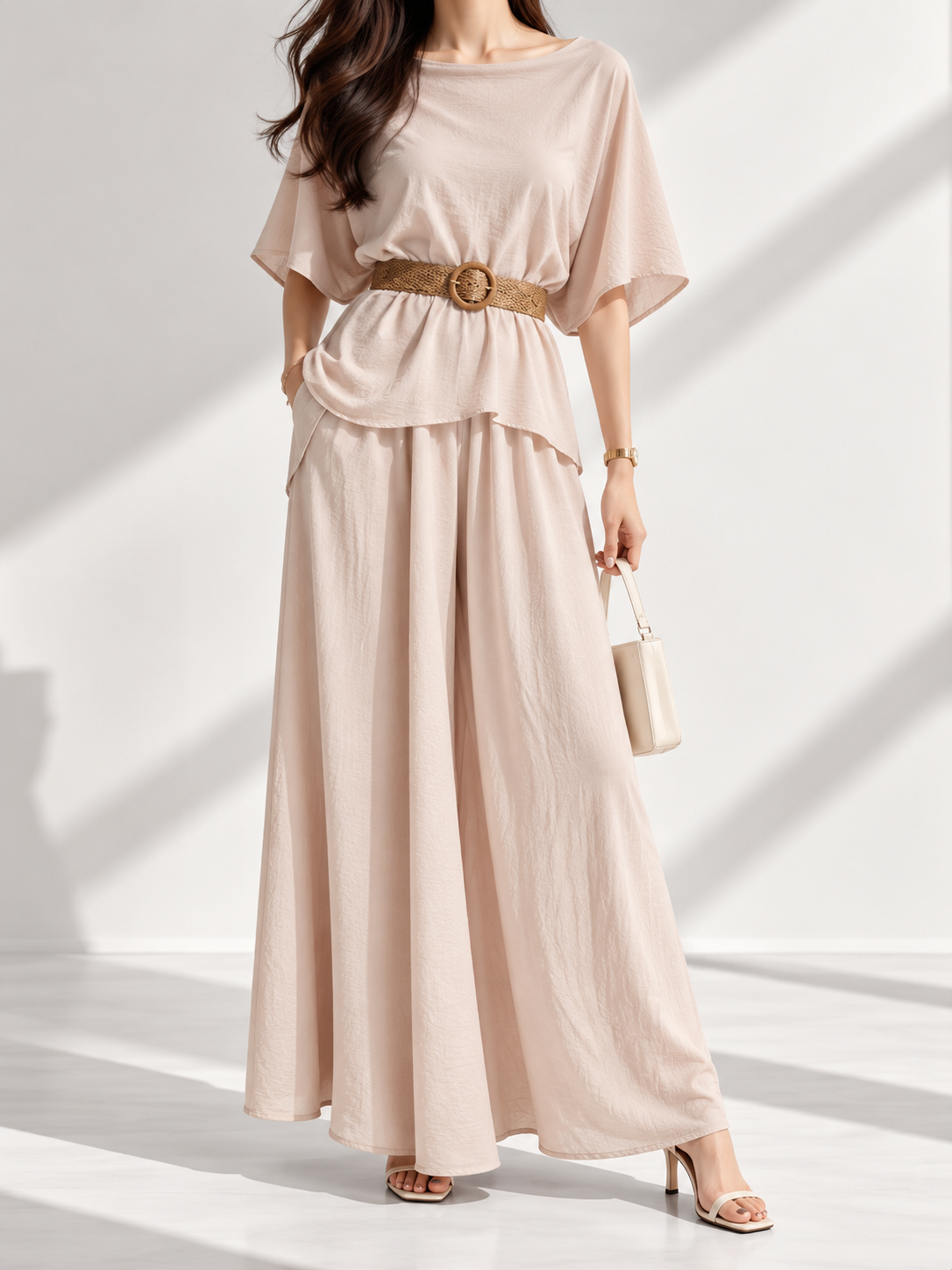 1066 Linen Boat Neck Top & Elastic Waist Palazzo Set (Top: B 50-53cm; L 51cm, Bottom: UW 34-43cm; H 57-60cm; L 97cm)