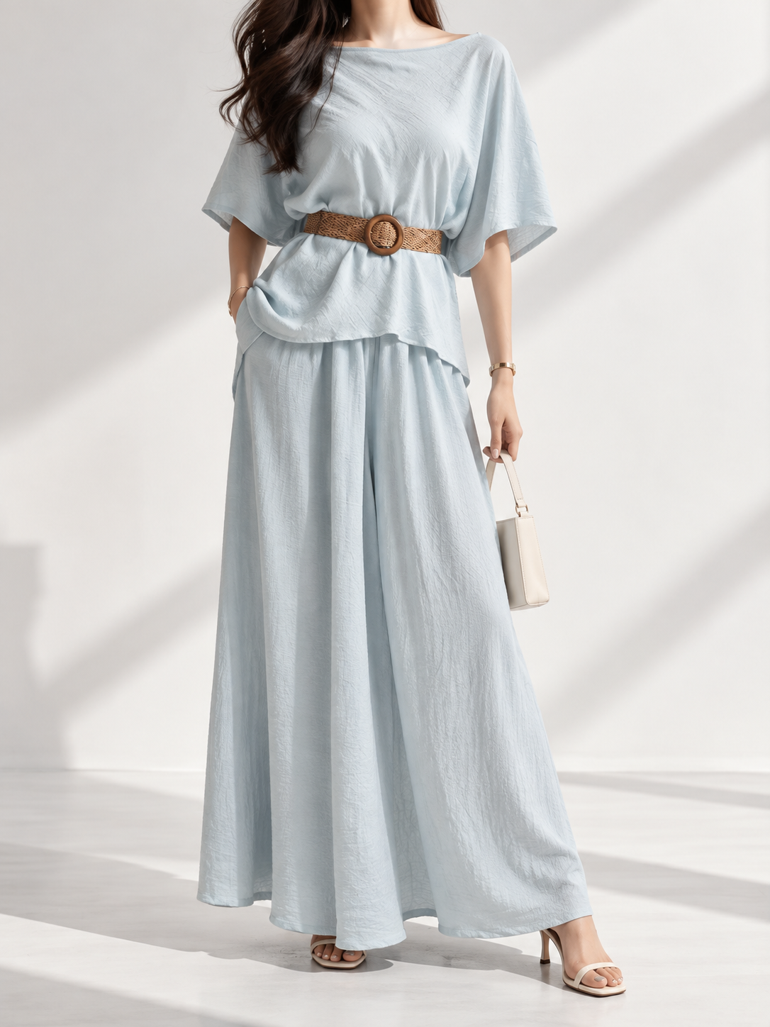 1066 Linen Boat Neck Top & Elastic Waist Palazzo Set (Top: B 50-53cm; L 51cm, Bottom: UW 34-43cm; H 57-60cm; L 97cm)
