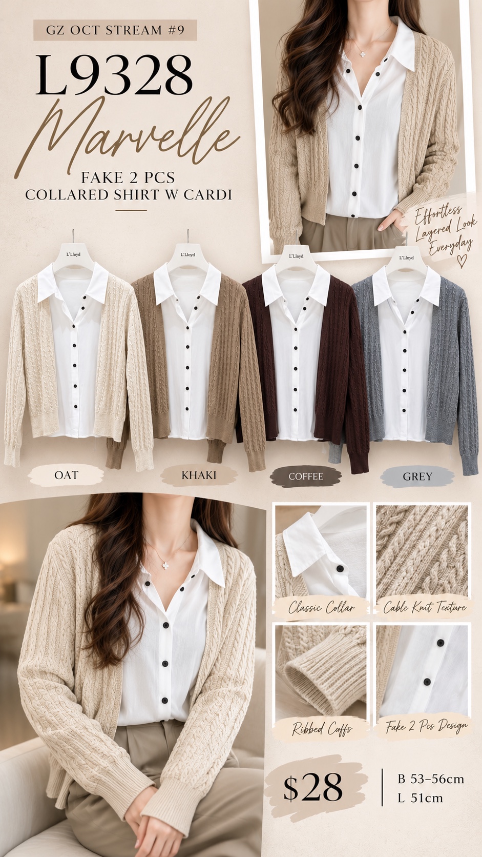 GZ Oct Stream #9: (PO) L9328 Marvelle Fake 2 Pcs Collared Shirt w Cardi (B cm; L cm)