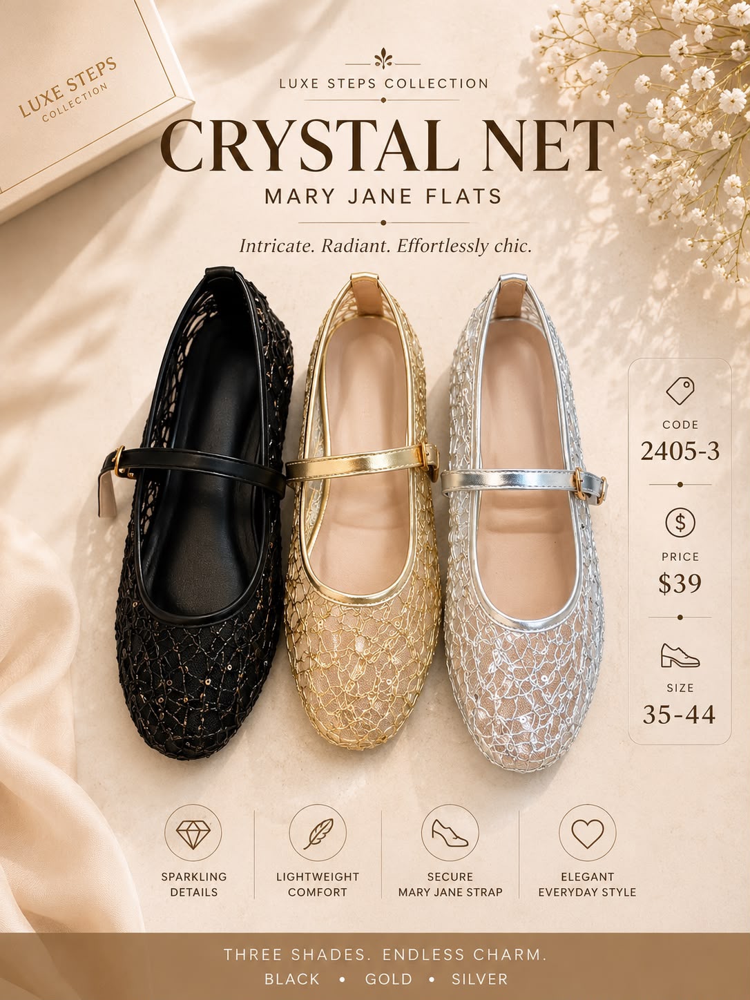 GZ July Stream #15: (PO) Crystal Net Mary Jane Flats