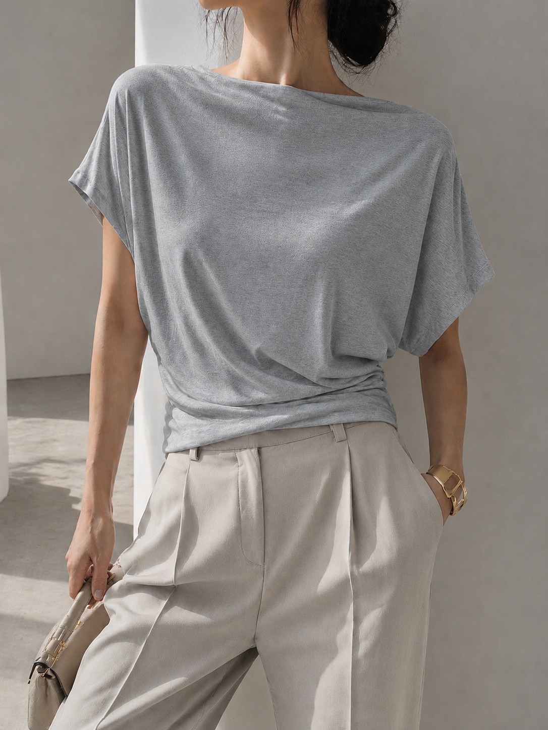 2337 Wilda Wide Neck Side Ruched Cap Sleeve Cotton Top (B 48-60cm; L 52cm)