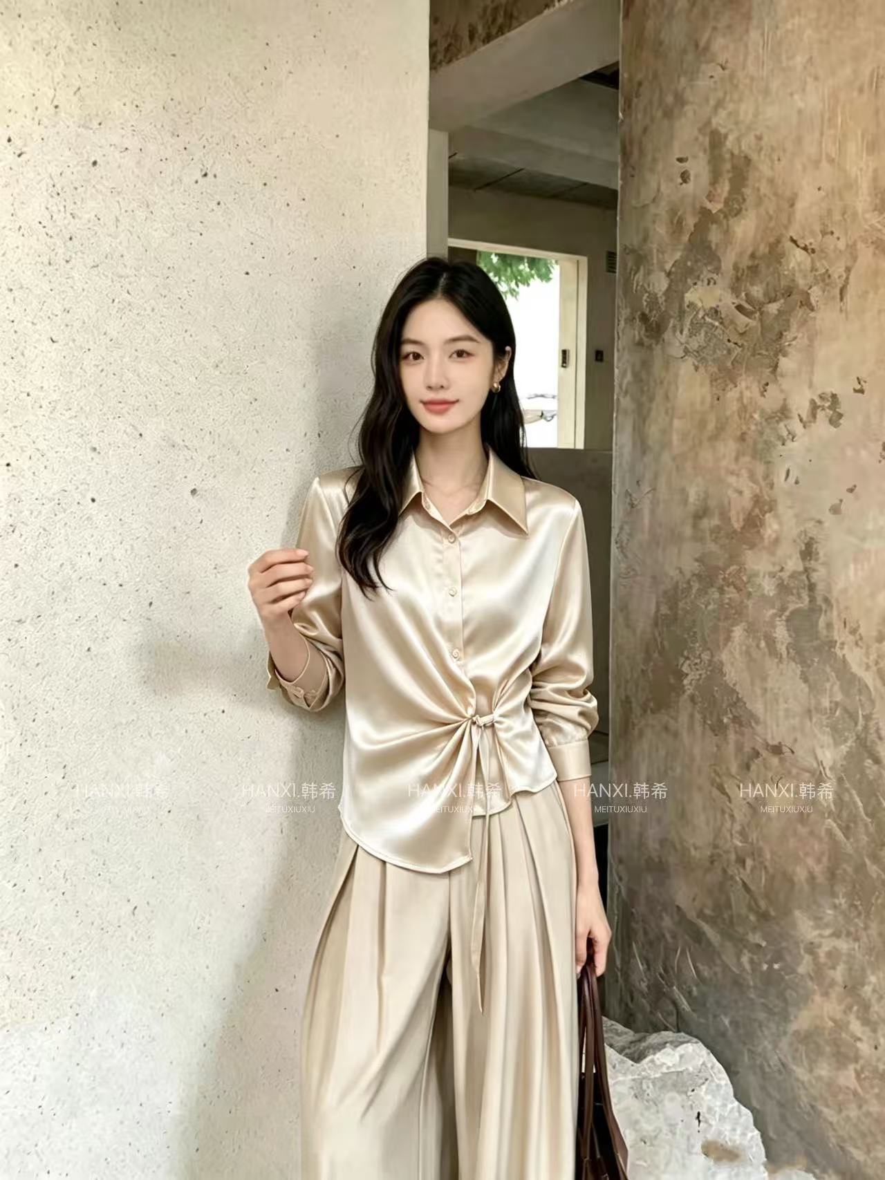 GZ Oct Stream #8: (PO) A6129 Satin Side Tie-Waist Shirt (M Size: B cm; L cm, L Size: B cm; L cm, XL Size: B cm; L cm)