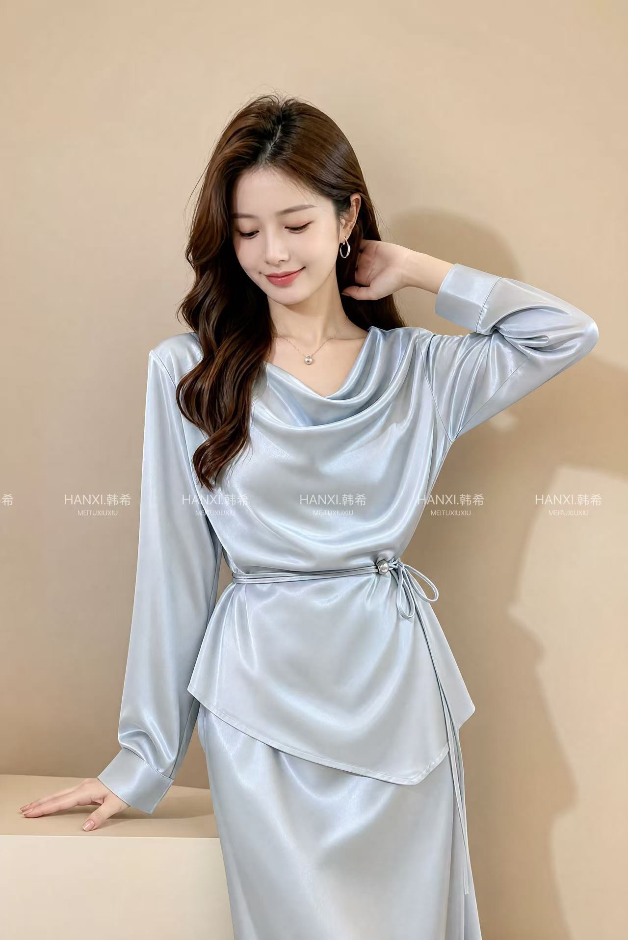 GZ Oct Stream #8: (PO) A6122 Satin Cowl Neck Long Sleeve Top (M Size: B cm; L cm, L Size: B cm; L cm, XL Size: B cm; L cm)