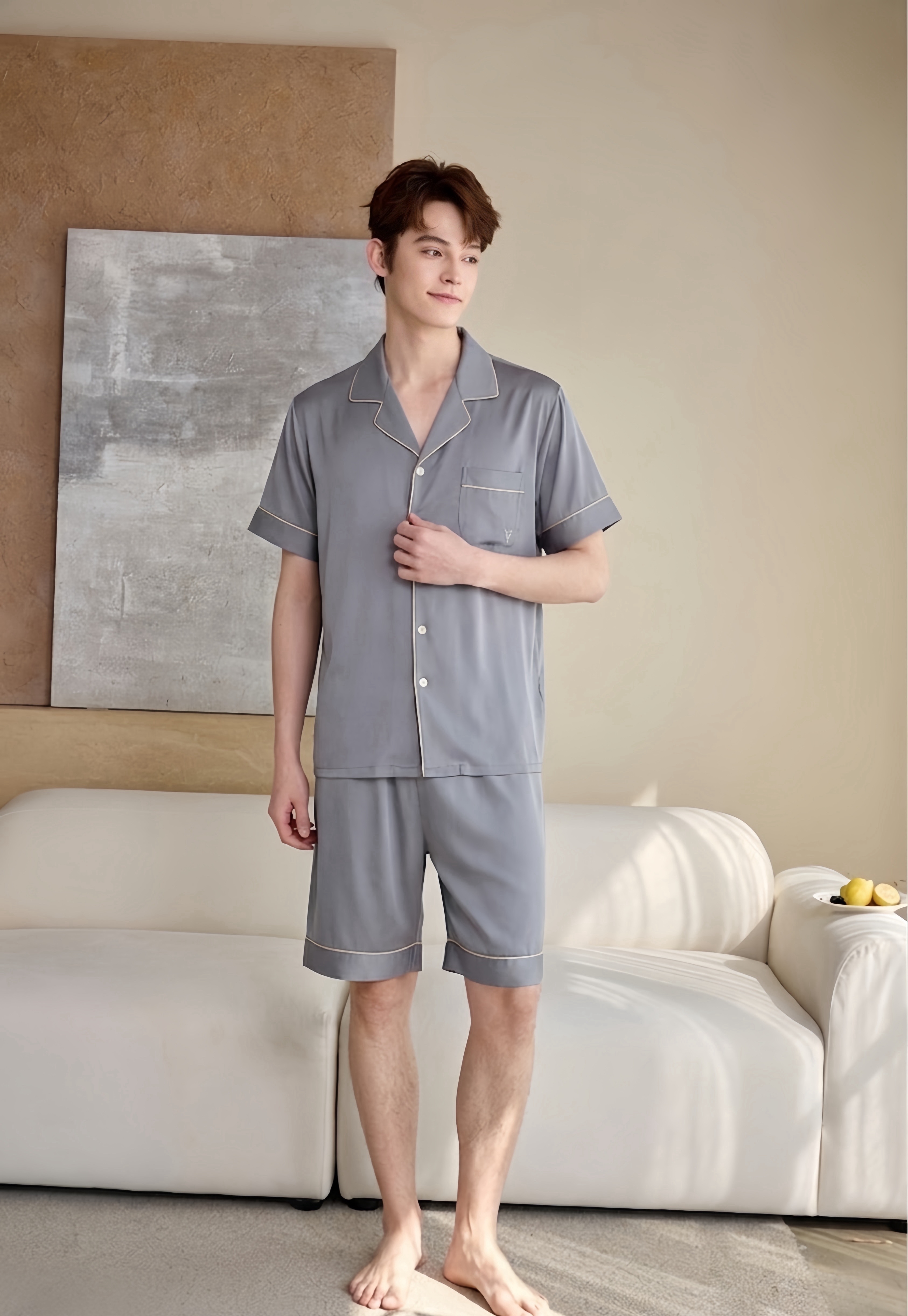 HZ May Stream #5: (PO) 3217 Satin Short Sleeves with Shorts Set for Men  (LSize: B:54cm XLSize: B:59cm)
