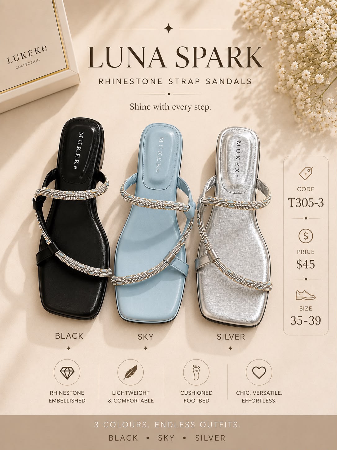 GZ July Stream #15: (PO) T305-3 Luna Spark Rhinestone Strap Sandals