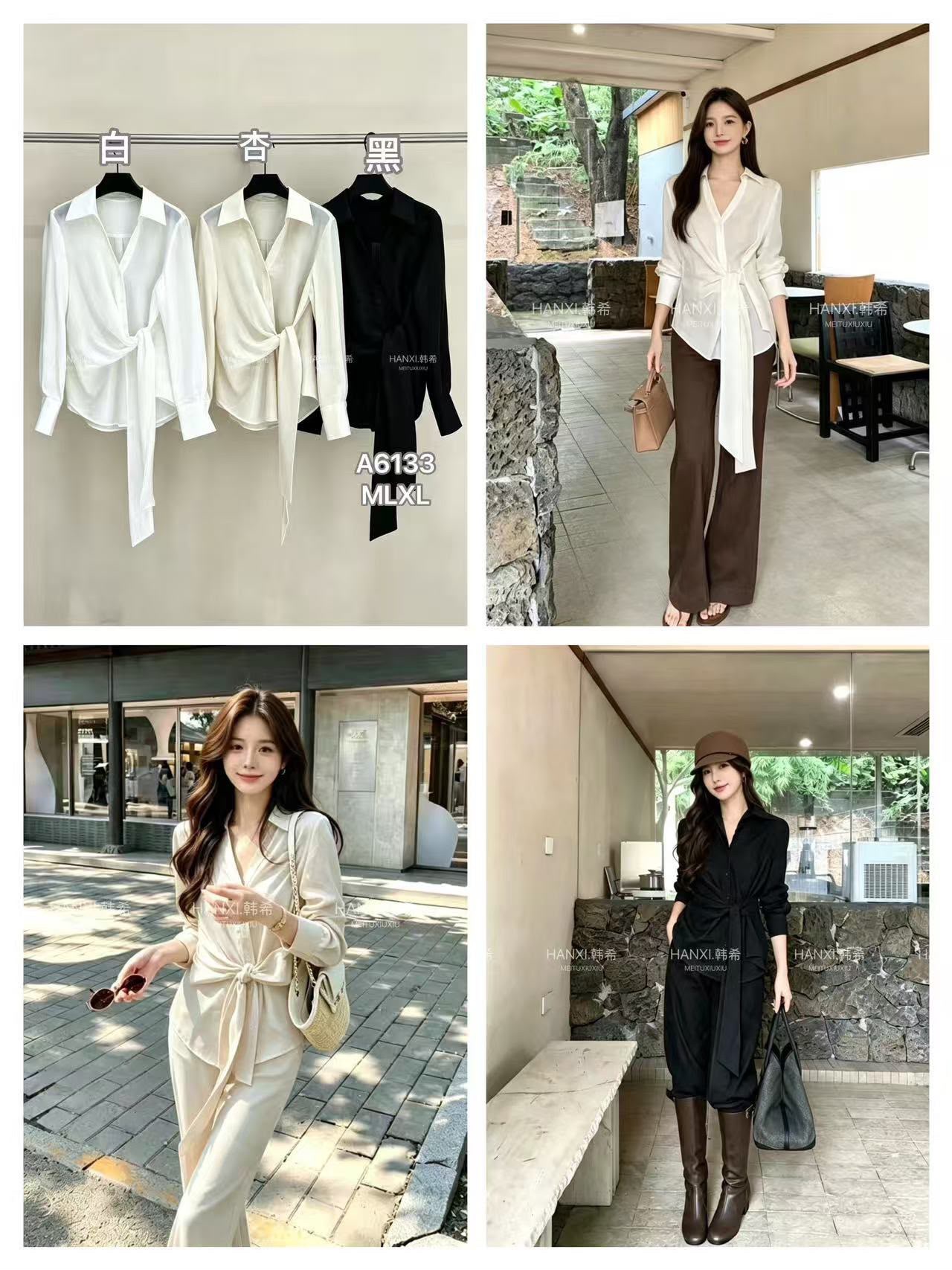 GZ Oct Stream #8: (PO) A6133 Satin Wrap Waist-Tie Shirt (M Size: B cm; L cm, L Size: B cm; L cm, XL Size: B cm; L cm)