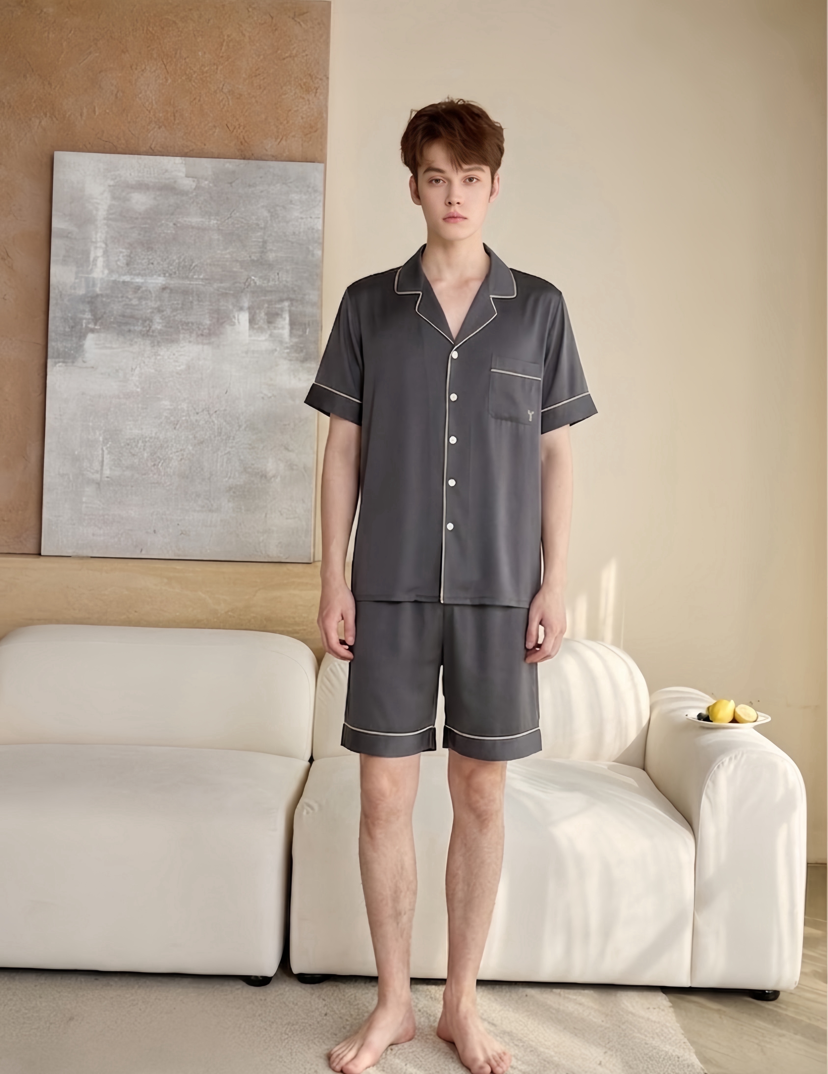HZ May Stream #5: (PO) 3217 Satin Short Sleeves with Shorts Set for Men  (LSize: B:54cm XLSize: B:59cm)