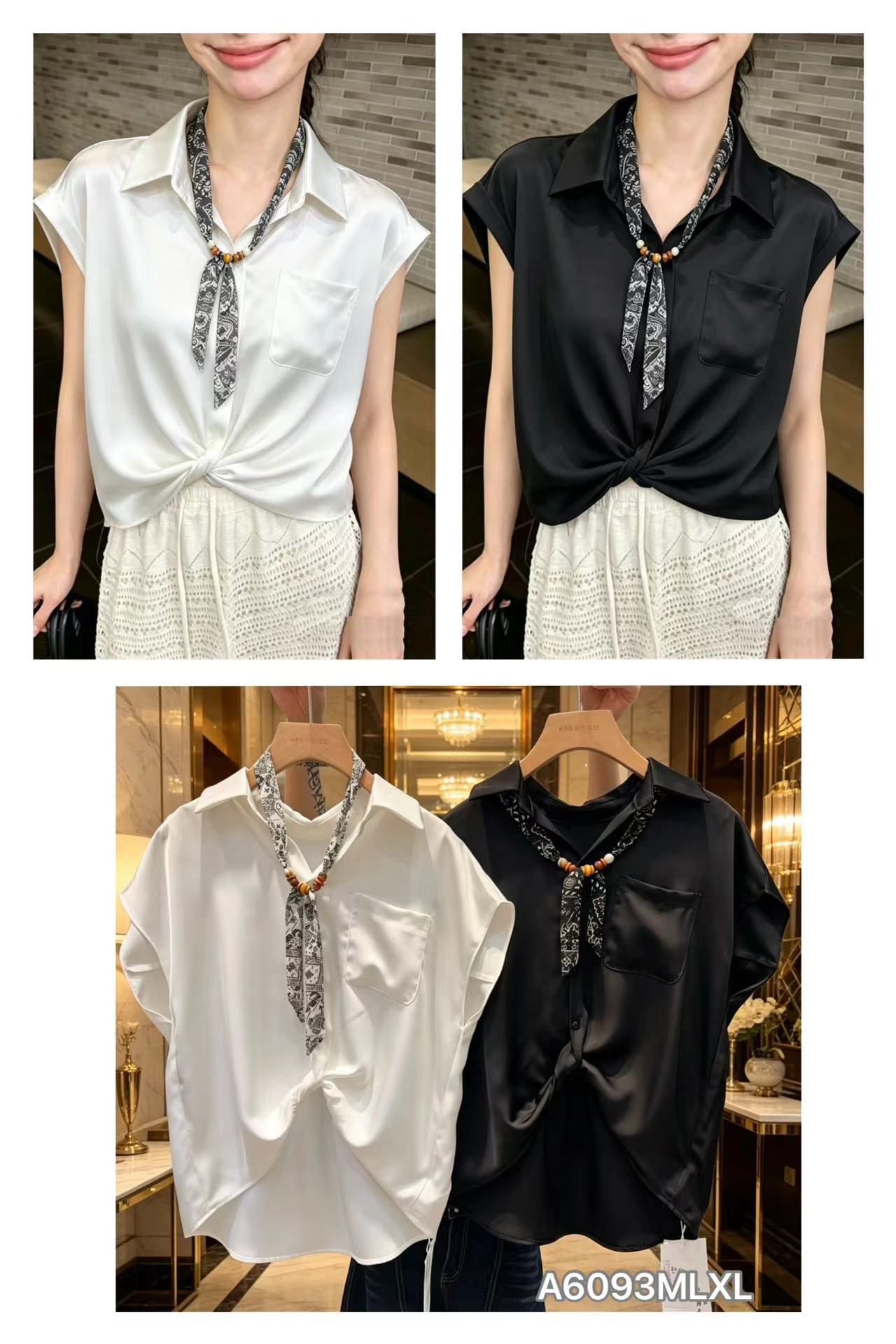 GZ May Stream #14: (PO) A6093 Cap Sleeve Satin Blouse w Twist-Front Neclace-Like Paisley Scarf (M: B50cm L60cm, L: B51cm, L61cm, XL:B52cm,L62cm)