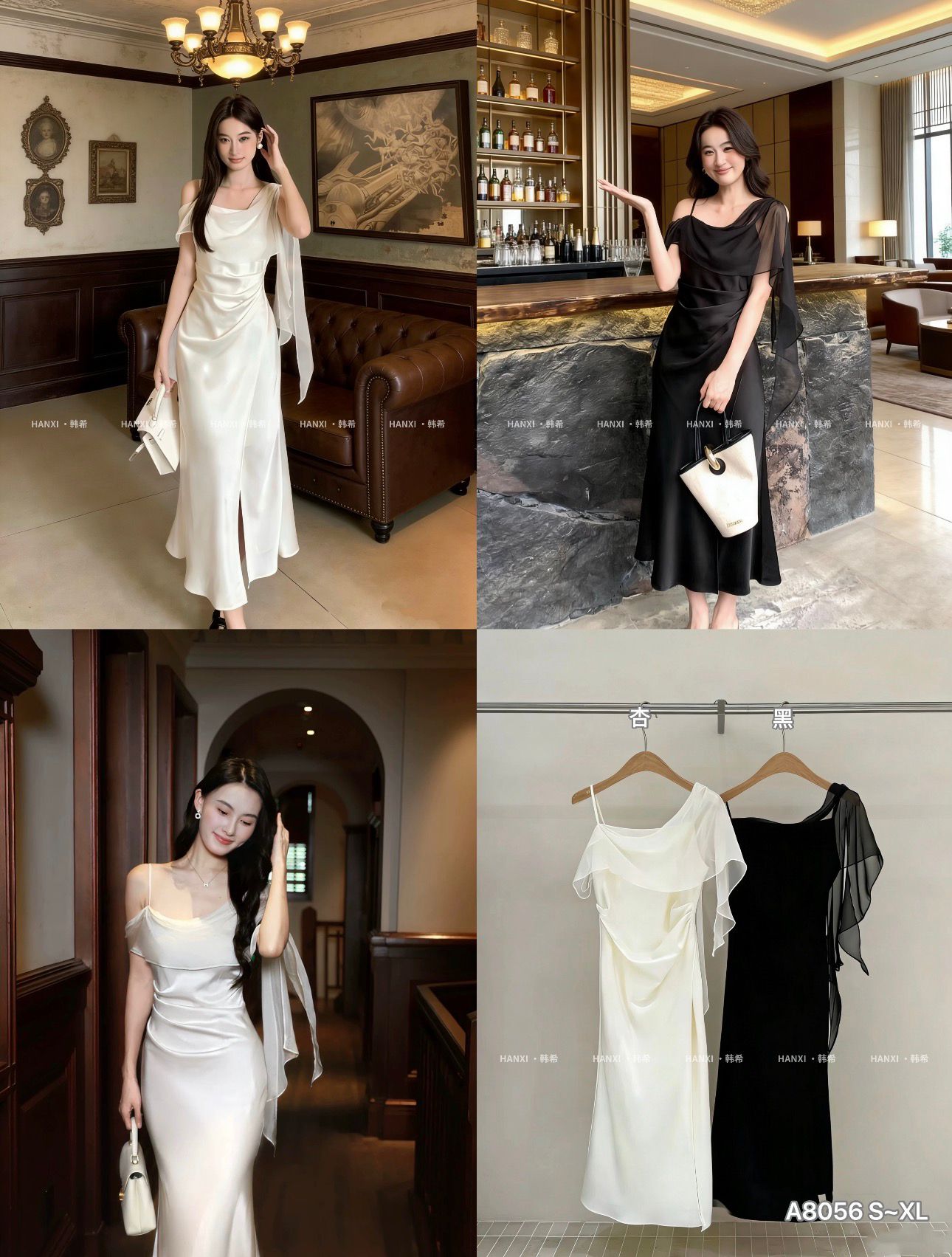 GZ May Stream #16: (PO) A8056 Soft Draped Neckline Satin Dress w Asymmetrical Sheer Sleeve Detail