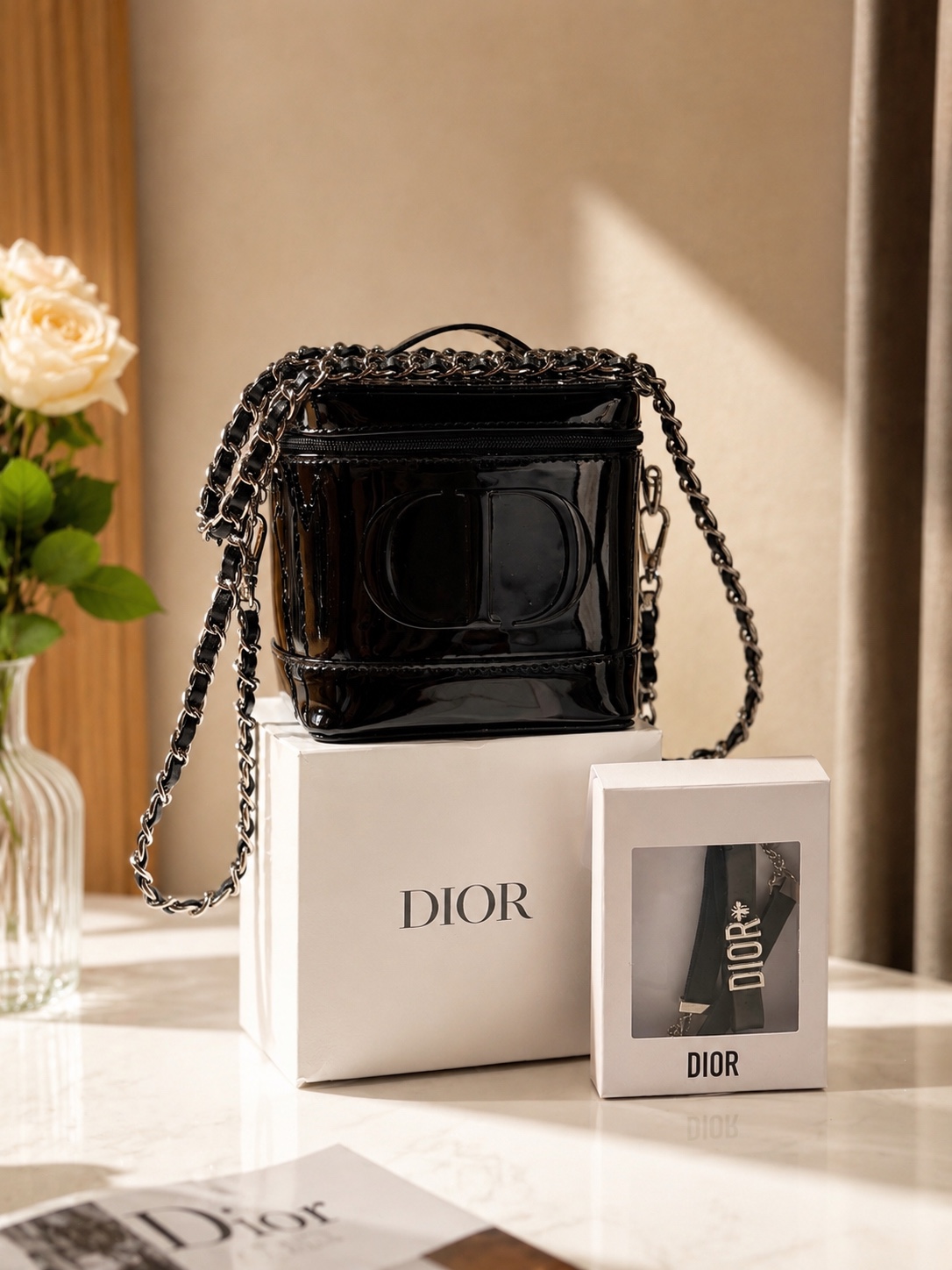 GZ May Stream #8: (PO) BE1 Dior Beauty Cosmetic Bag (Size: 11cm x 10cm x (H) 12cm) With 120cm Leather Chain & Dior Beauty Choker