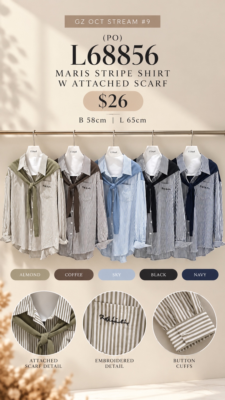 GZ Oct Stream #9: (PO) L68856 Maris Stripe Shirt w Attached Scarf (B cm; L cm)