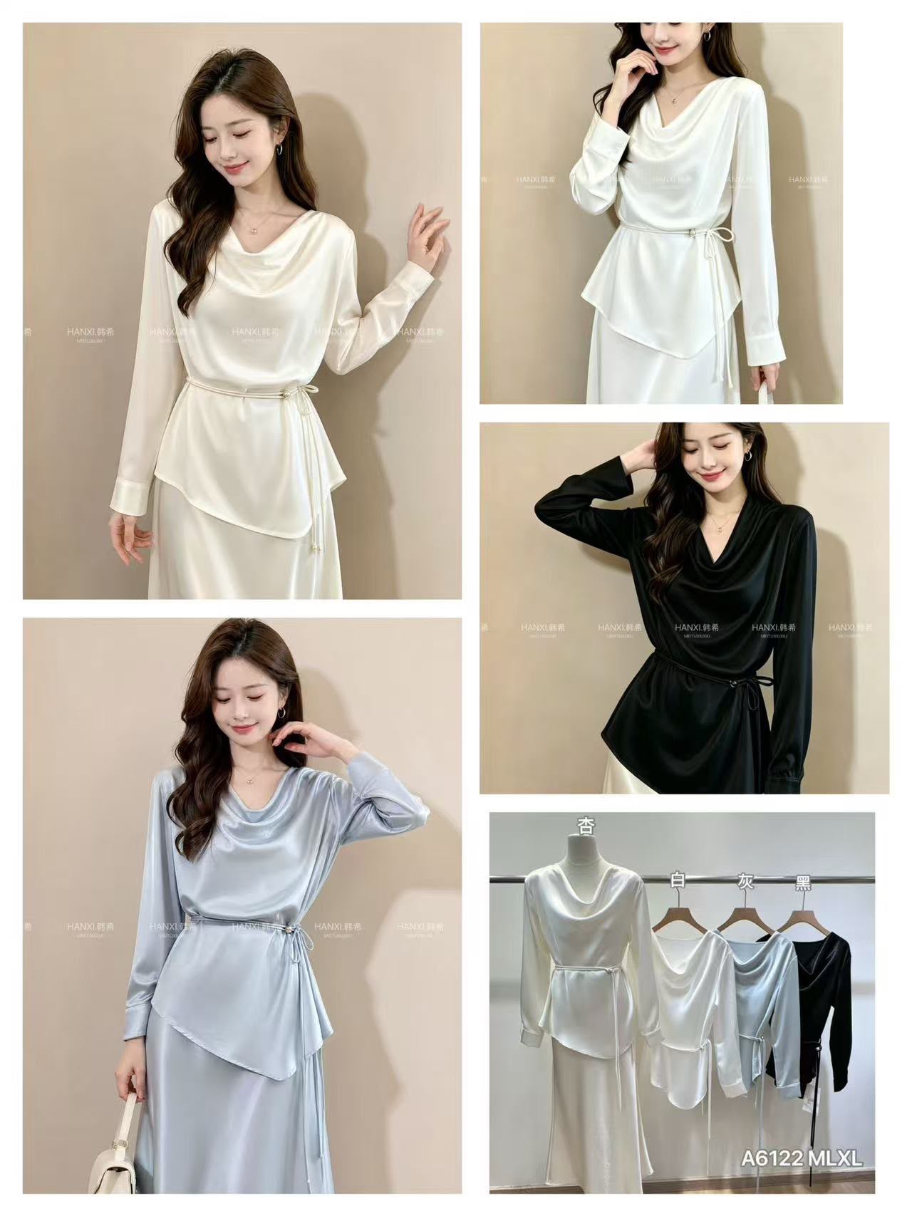GZ Oct Stream #8: (PO) A6122 Satin Cowl Neck Long Sleeve Top (M Size: B cm; L cm, L Size: B cm; L cm, XL Size: B cm; L cm)
