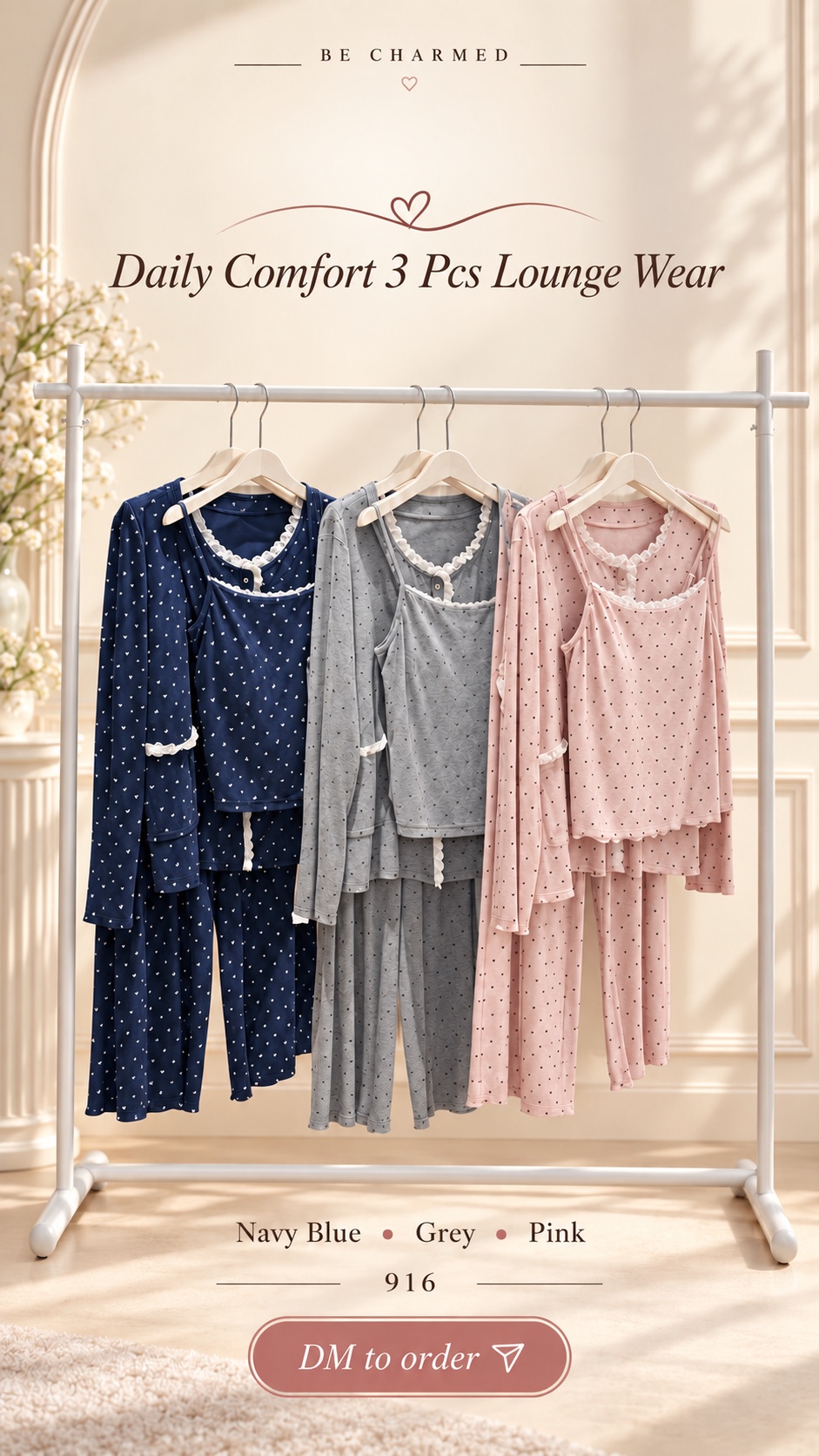 HZ Oct Stream #1: (PO) 916 Daily Comfort 3 Pcs Lounge Set (Top: B:39-53cm, L:50cm; Outer: B:50-56cm, L:58cm; Pants: UW:33-48cm, H:55-70cm, L:92cm)