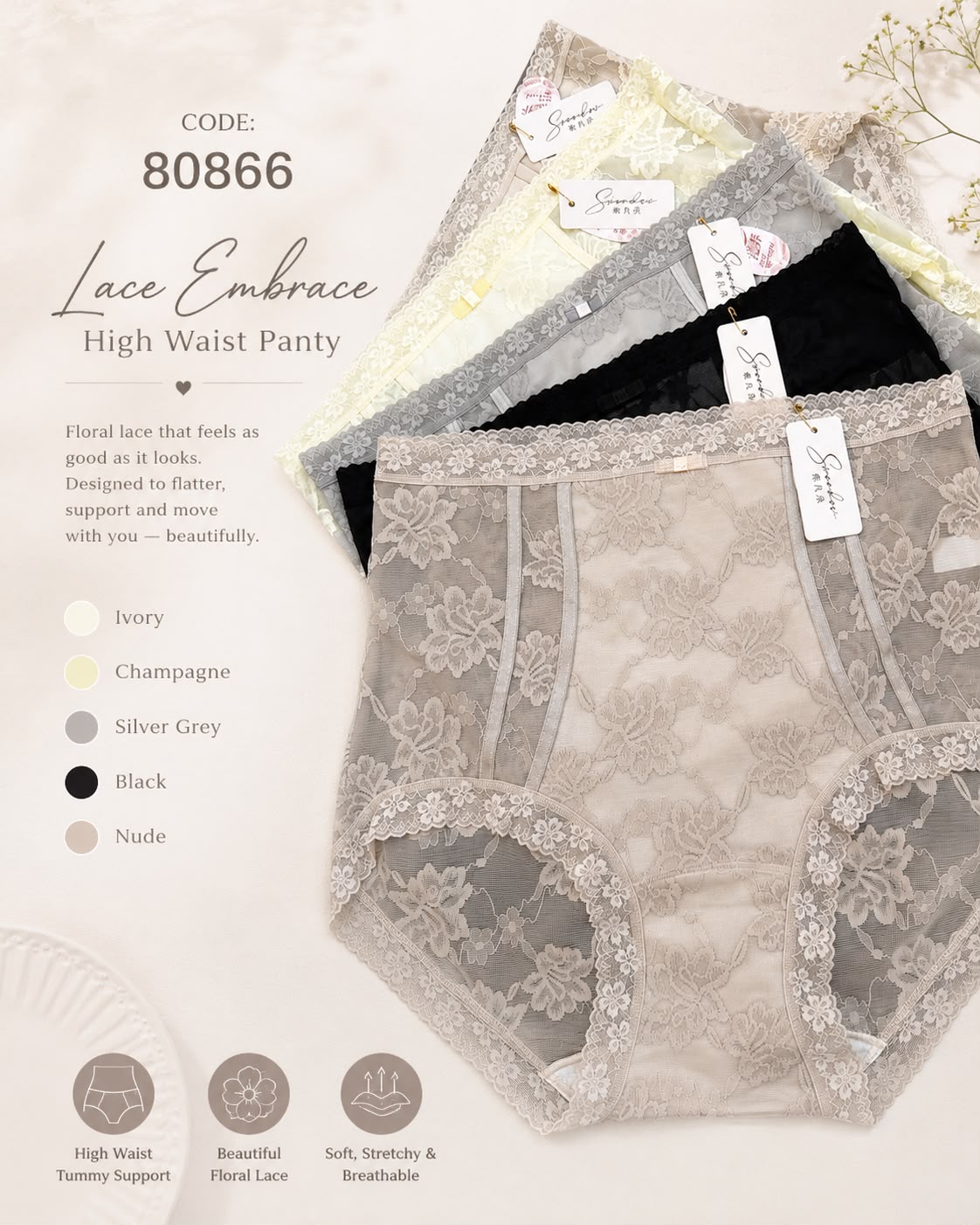HZ July Stream #6: (PO) 80866 Lace Embrace High Waist Panty (Box of 5) UW 29-45cm; H 34-50cm