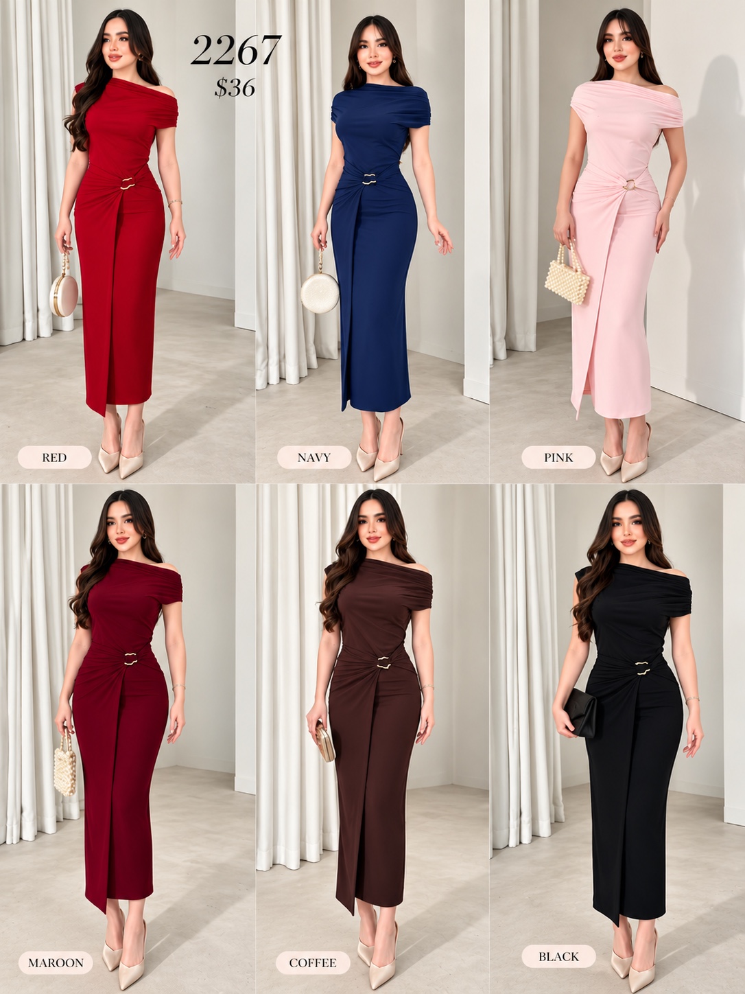 GZ Oct Stream #18: (PO) 2267 Sienna Draped Maxi Dress w Round Buckle (B:40-50cm H:43-55cm L130cm)