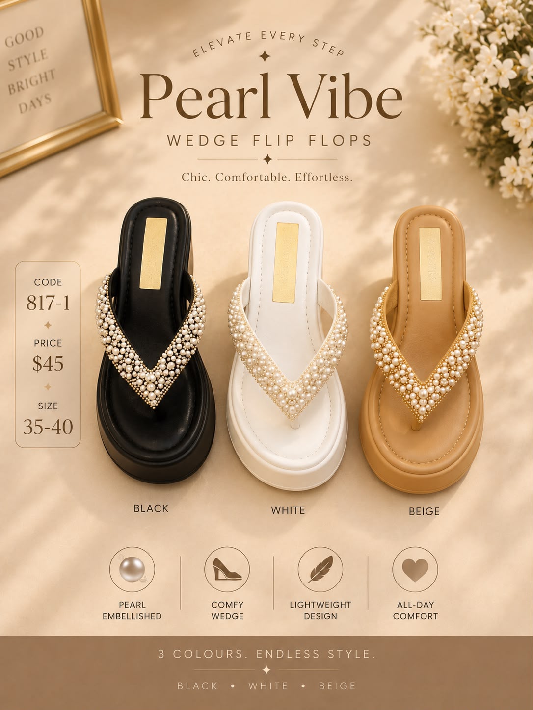 GZ July Stream #15: (PO) 817-1 Pearl Vibe Wedge Flip Flops