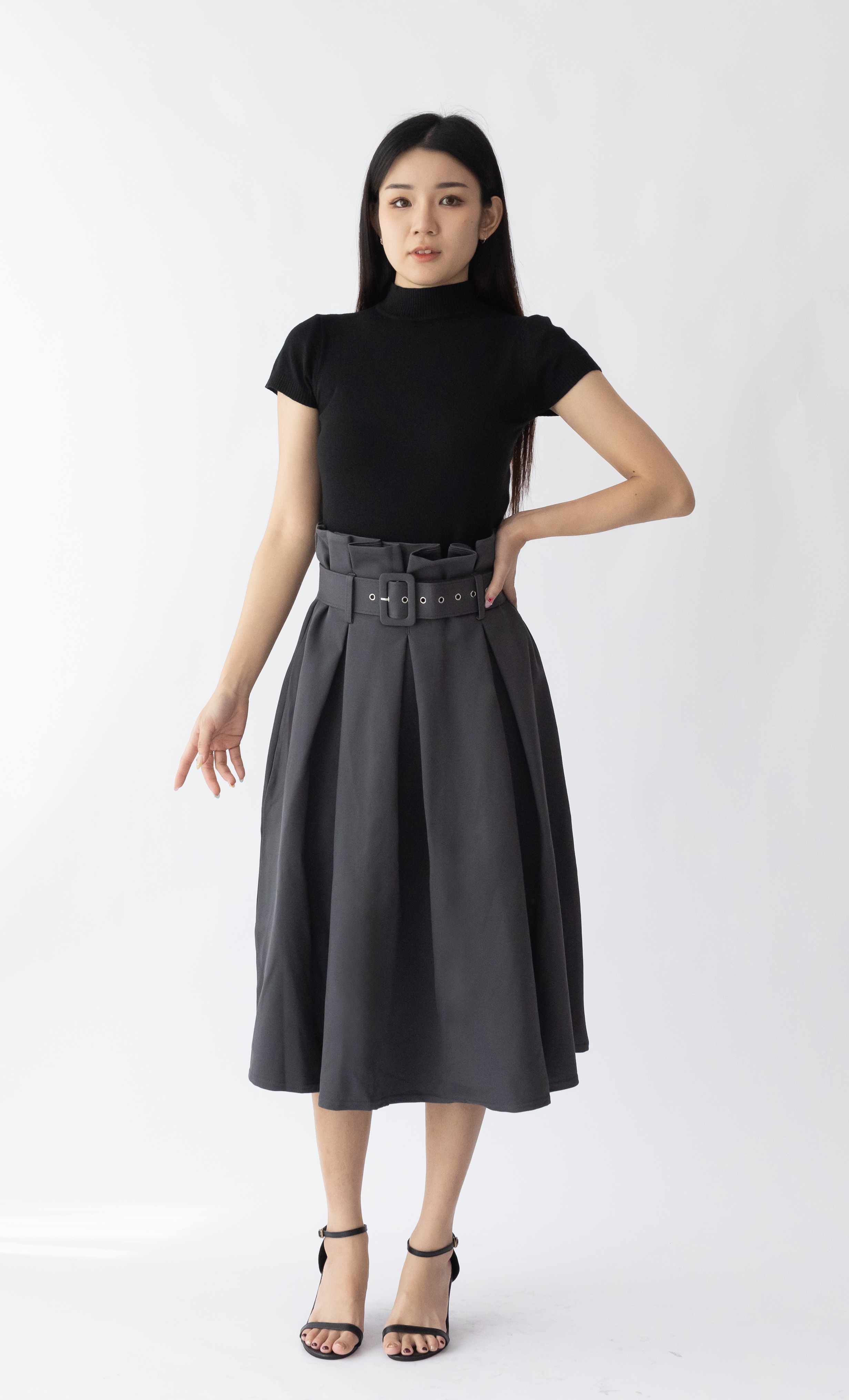 019 Attila A-Line Skirt w Pleated Waist & Belt (W 36-47cm; H 49-65cm; L 78cm)