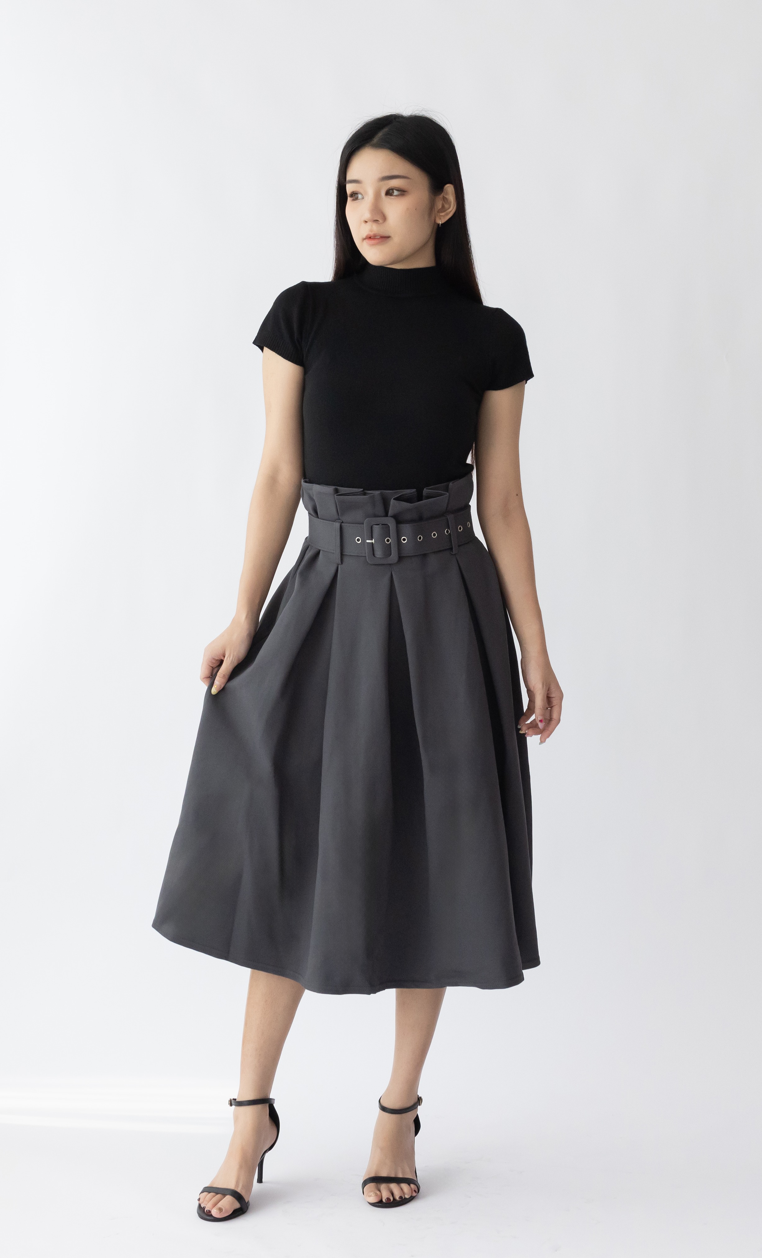 019 Attila A-Line Skirt w Pleated Waist & Belt (W 36-47cm; H 49-65cm; L 78cm)