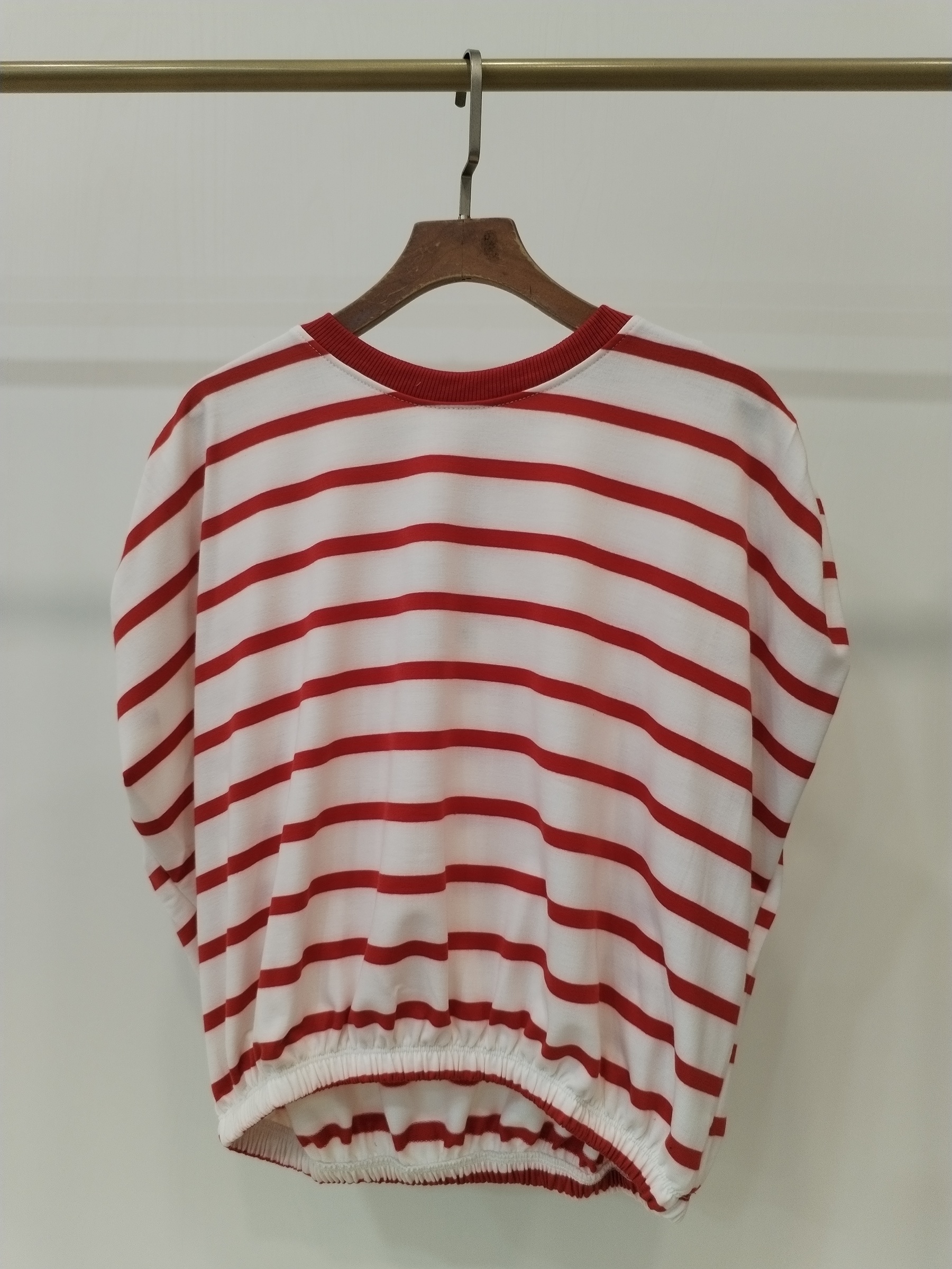 2828 Stansy Pleated Shoulder Striped Cotton Top W Cuff Waist (B 54-64cm; L 51cm)