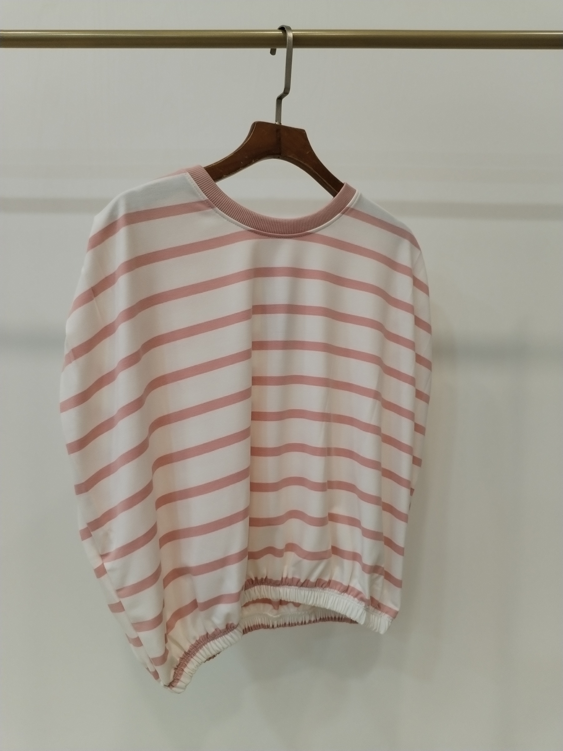 2828 Stansy Pleated Shoulder Striped Cotton Top W Cuff Waist (B 54-64cm; L 51cm)