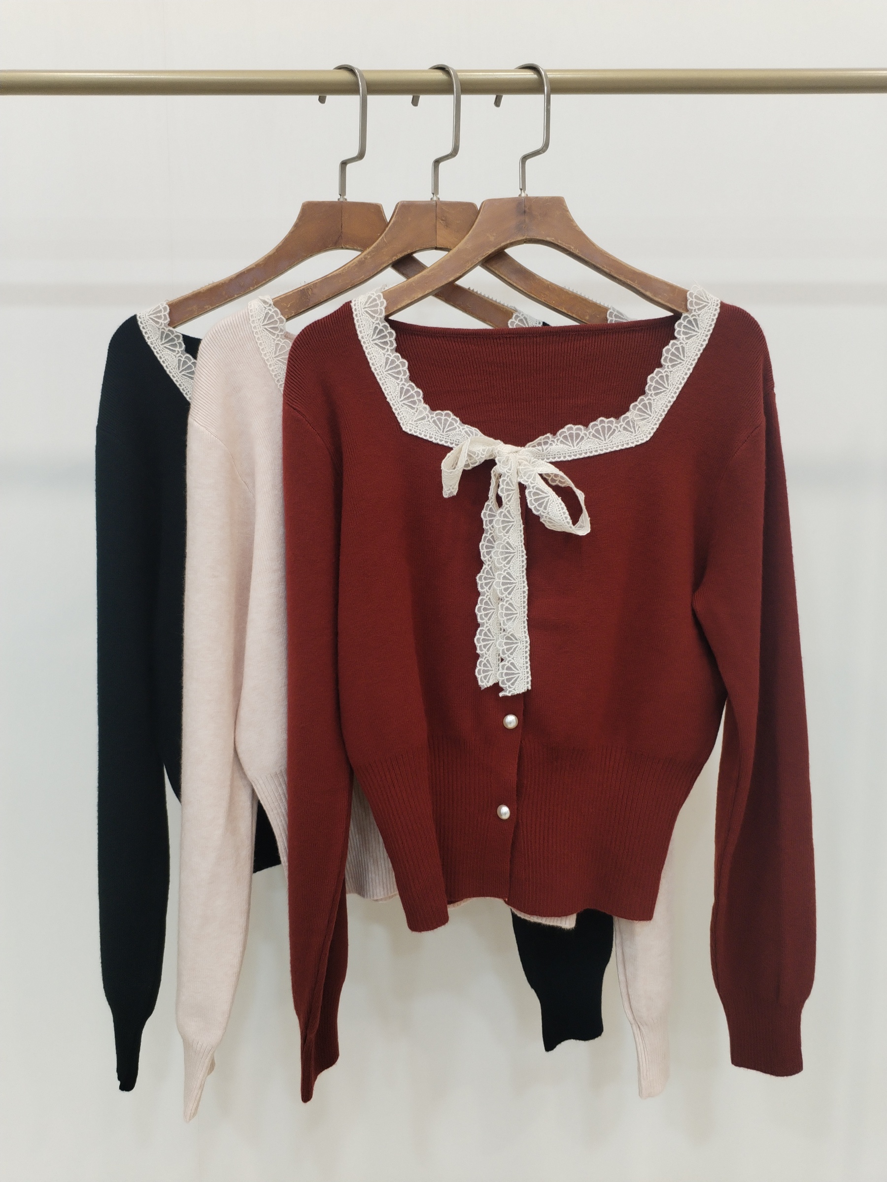 532 Shimona Square Neck Lacy Tie-Sash Knit Cardigan (B 44-54cm; L 47cm)