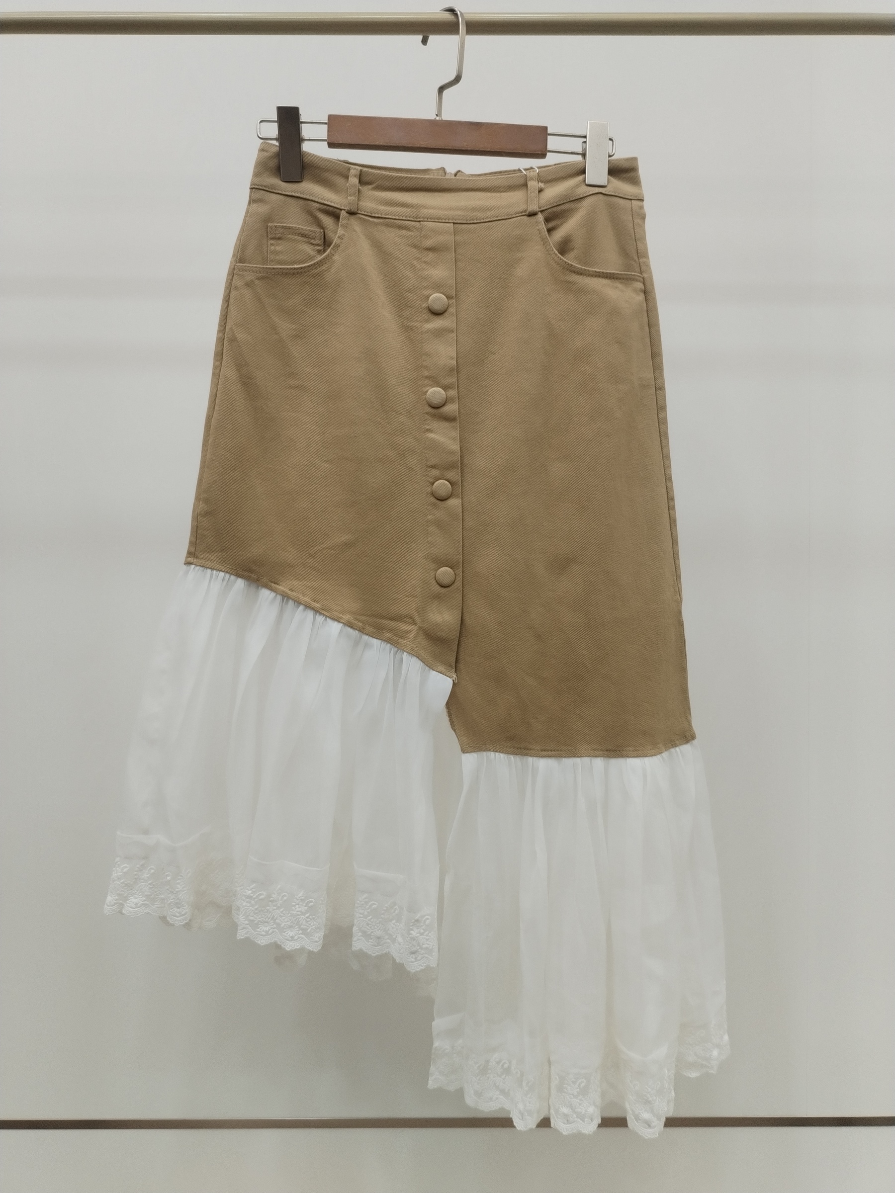 6781 Arla Asymmetrical Lacy Hem Back Zipper Denim Skirt (UW 38-39cm; H 46-52cm; L 70/87cm)