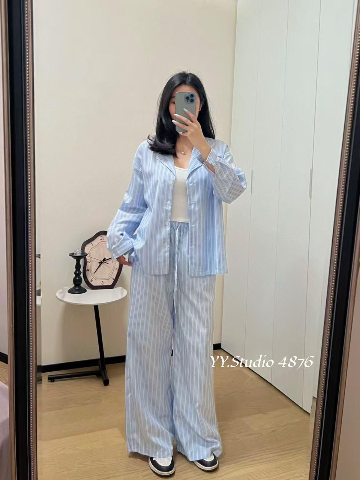 4876 Oaselle Striped Oversized Lapel Collar Shirt & Elastic Tie-Waist Pants (Top: B 61cm; L 62cm, Bottom: UW 31-50cm; H 57cm; L 103cm)