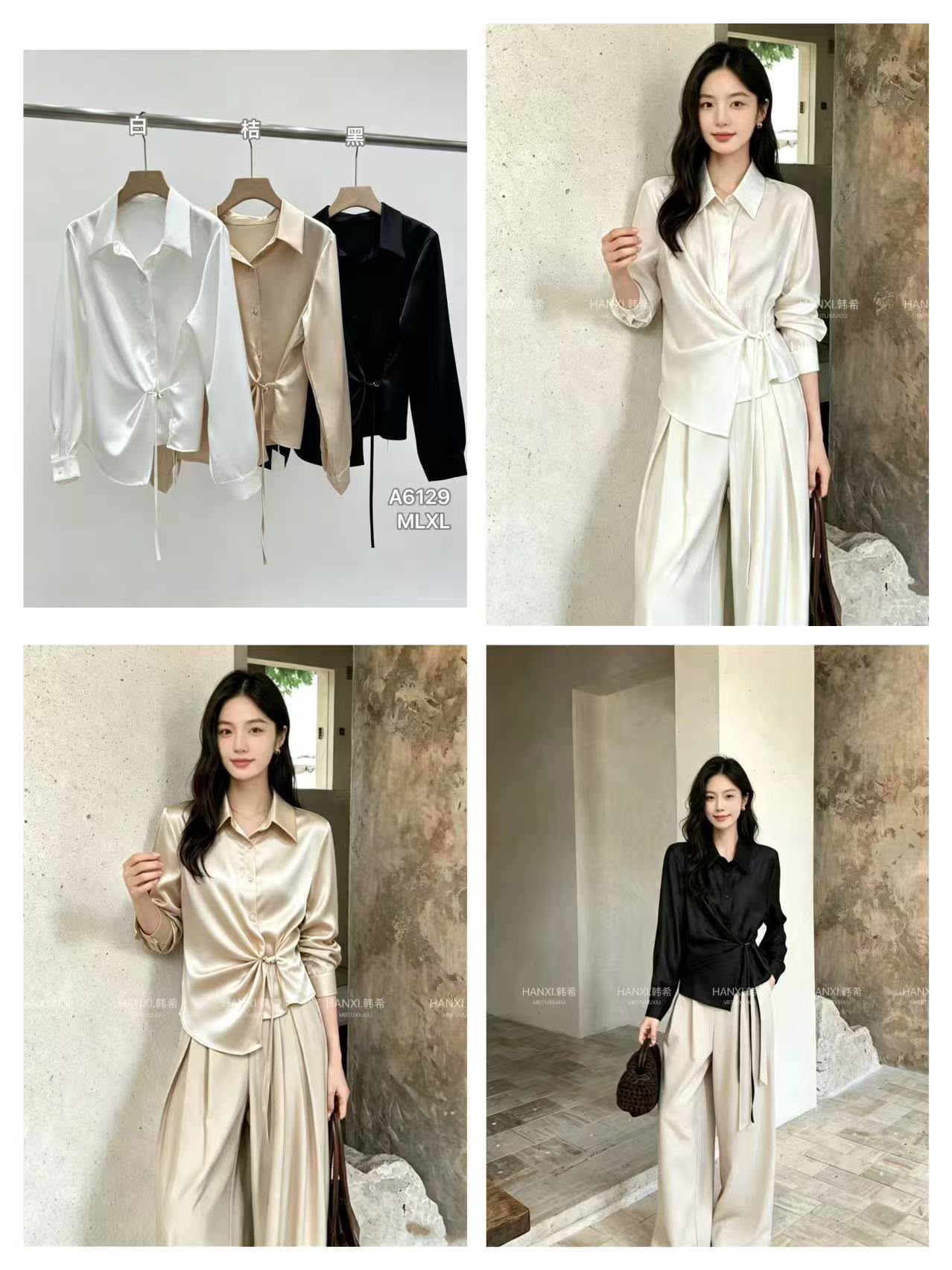 GZ Oct Stream #8: (PO) A6129 Satin Side Tie-Waist Shirt (M Size: B cm; L cm, L Size: B cm; L cm, XL Size: B cm; L cm)