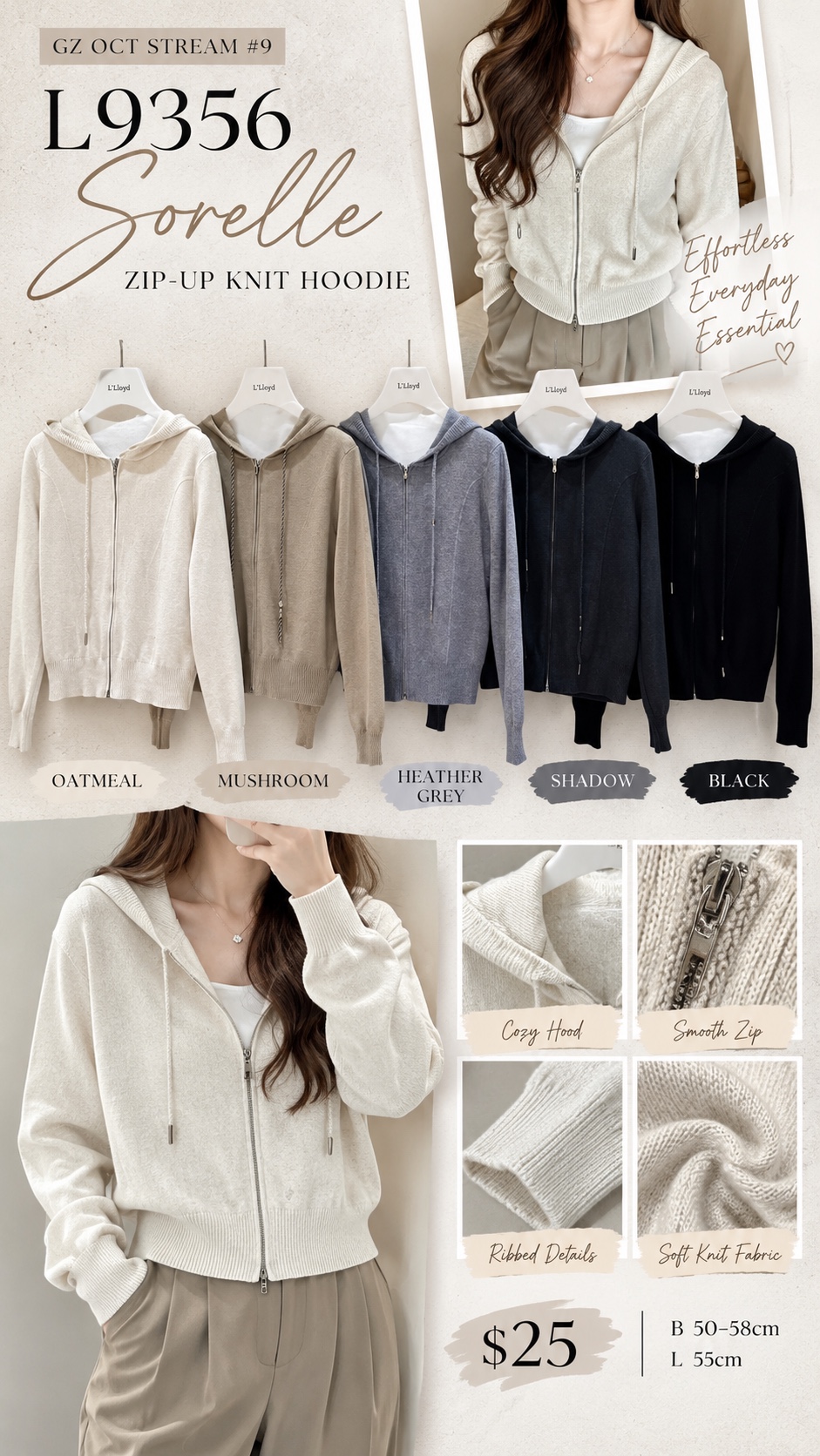 GZ Oct Stream #9: (PO) L9356 Sorelle Zip-Up Knit Hoodie (B cm; L cm)