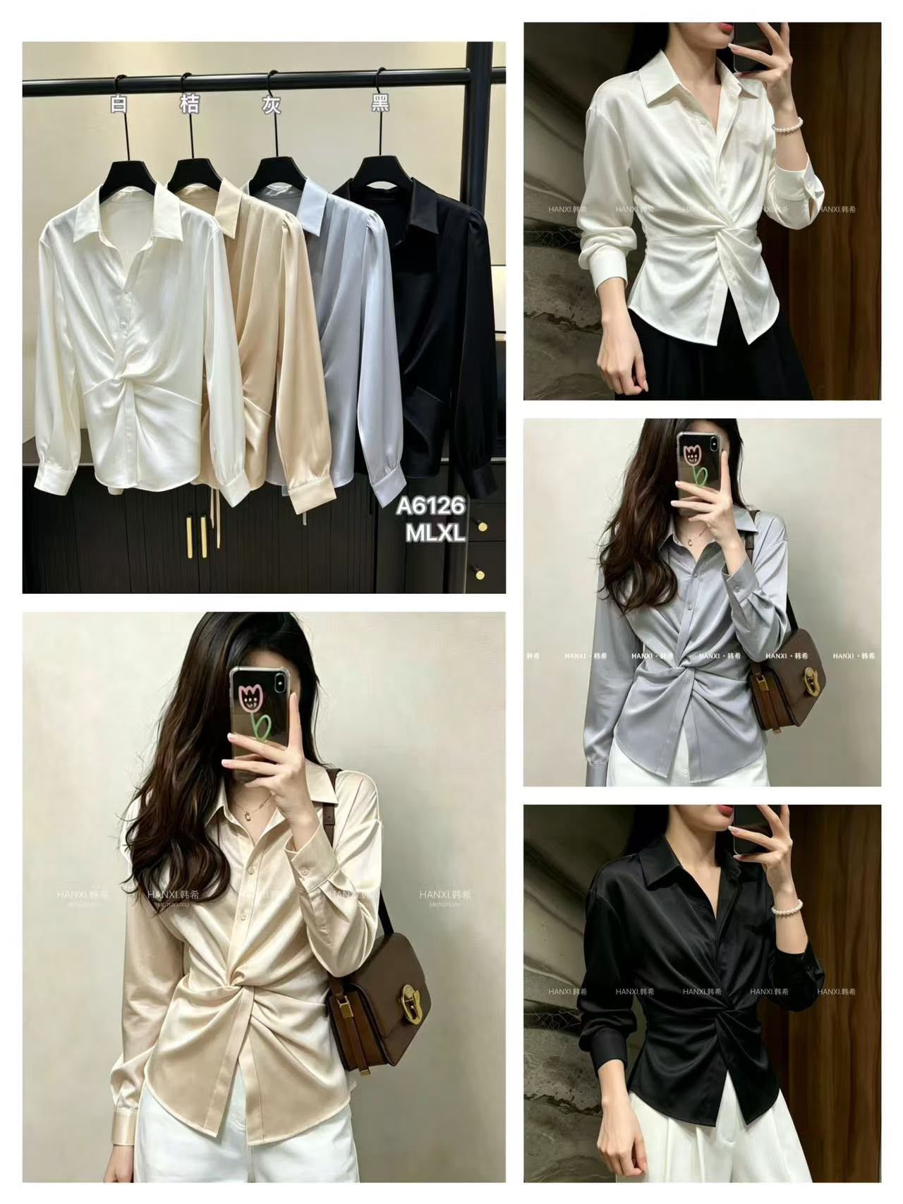 GZ Oct Stream #8: (PO) A6126 Satin Twist-Front Shirt (M Size: B cm; L cm, L Size: B cm; L cm, XL Size: B cm; L cm)