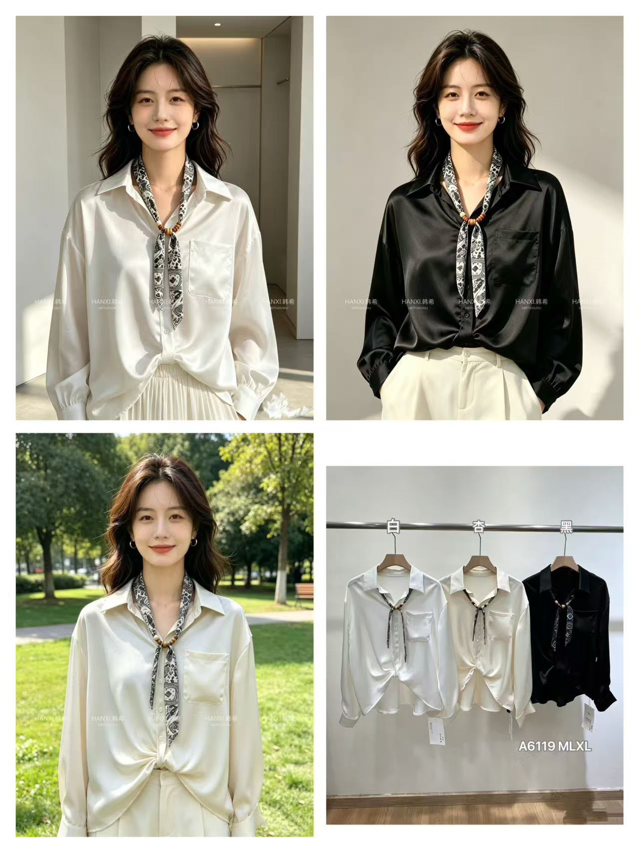 GZ Oct Stream #8: (PO) A6119 Draped Twist-Front Detail Satin Shirt w Scarf Detail (M Size: B cm; L cm, L Size: B cm; L cm, XL Size: B cm; L cm)