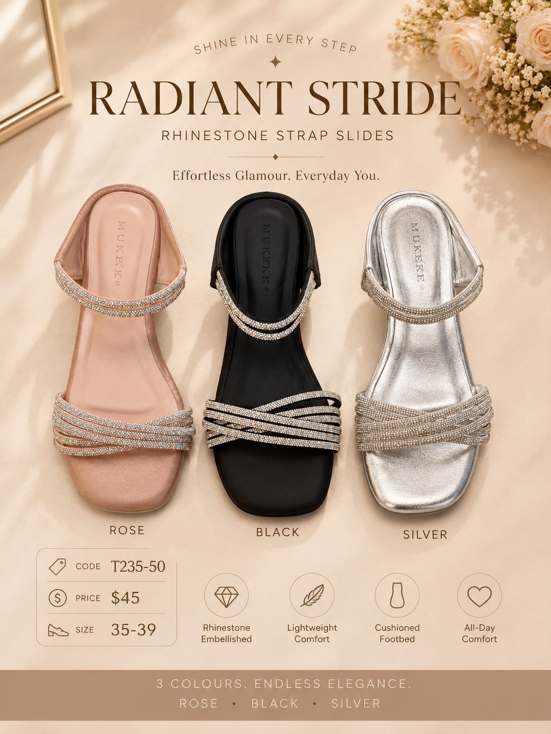 GZ July Stream #15: (PO) T235-50 Radiant Stride Rhinestone Strap Slides