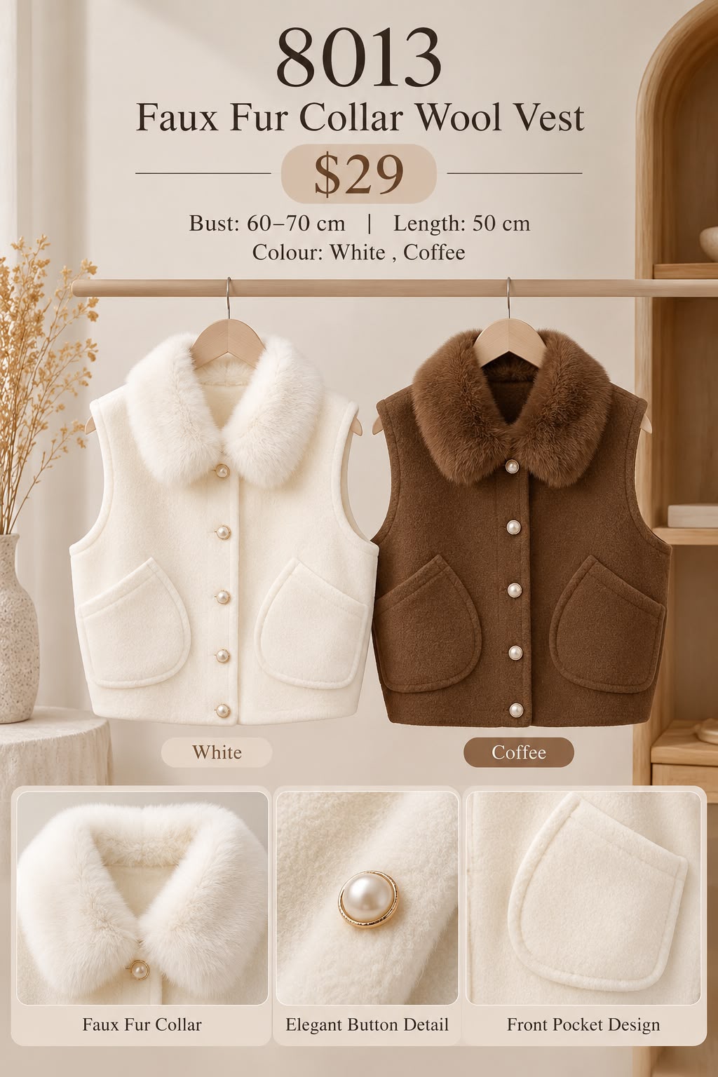 GZ Oct Stream #88: (PO) 8013 Faux Fur Collar Wool Vest (B 60-70cm; L 50cm)