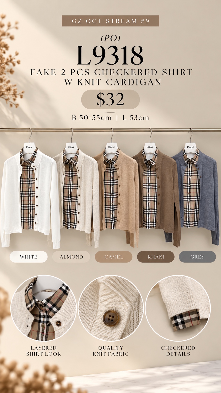 GZ Oct Stream #9: (PO) L9318 Fake 2 Pcs Checkered Shirt w Knit Cardigan (B cm; L cm)