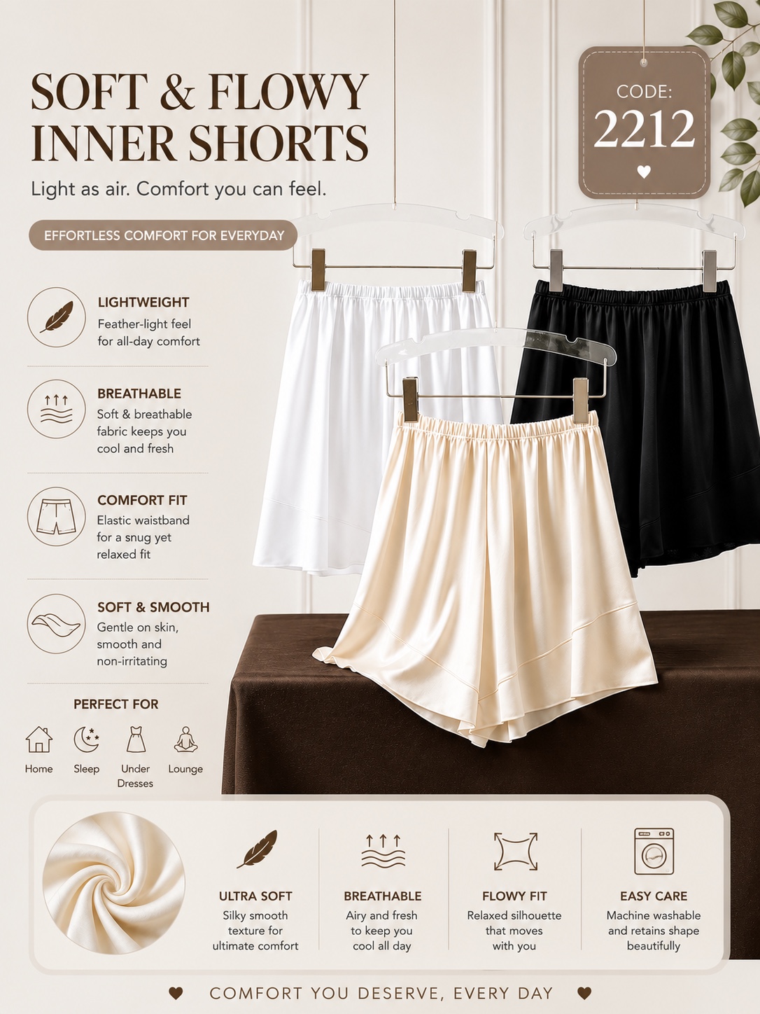 GZ July Stream #20: (PO) 2212 Silky Glide Shorts (Pack of 3-Mixed Color) (L Size: UW 29-50cm; L 32cm, XL Size: UW 32-53cm; L 34cm, 2XL Size: UW 35-56cm; L 36cm, 3XL Size: UW 38-59cm; L 38cm, 4XL Size: UW 41-62cm; L 40cm) 